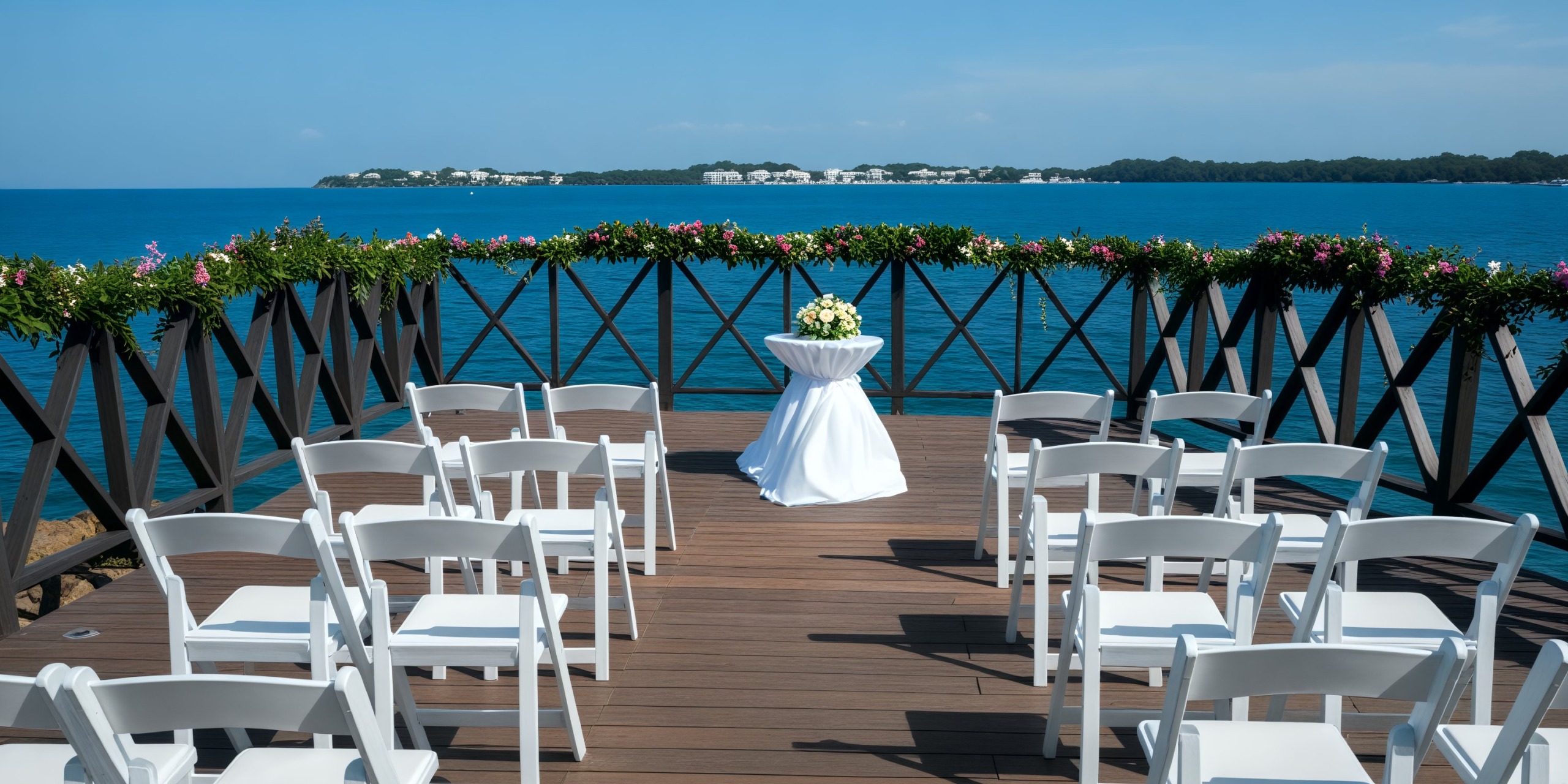 A picturesque destination wedding setup on a wooden deck by the sea, featuring elegantly arranged chairs and a beautifully decorated table.