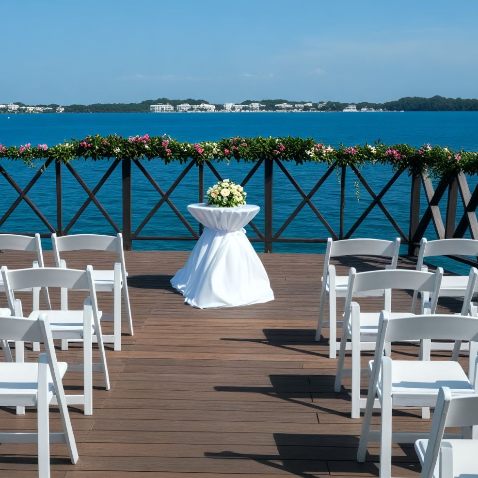 A destination wedding arranged on a deck with a stunning view of the lake, complete with chairs and beautiful floral decorations.
