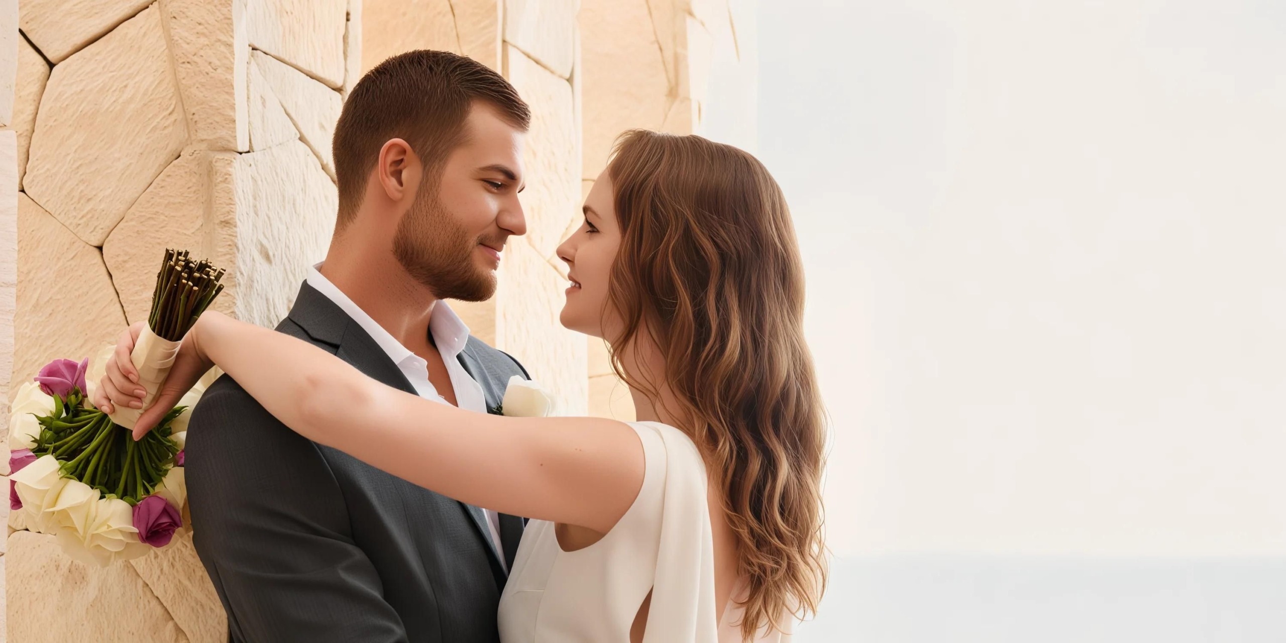 A couple in wedding attire embraces, with the woman holding a bouquet of flowers. They stand against a light-colored stone wall at Hideaway at Royalton Riviera Cancun, looking into each other's eyes.