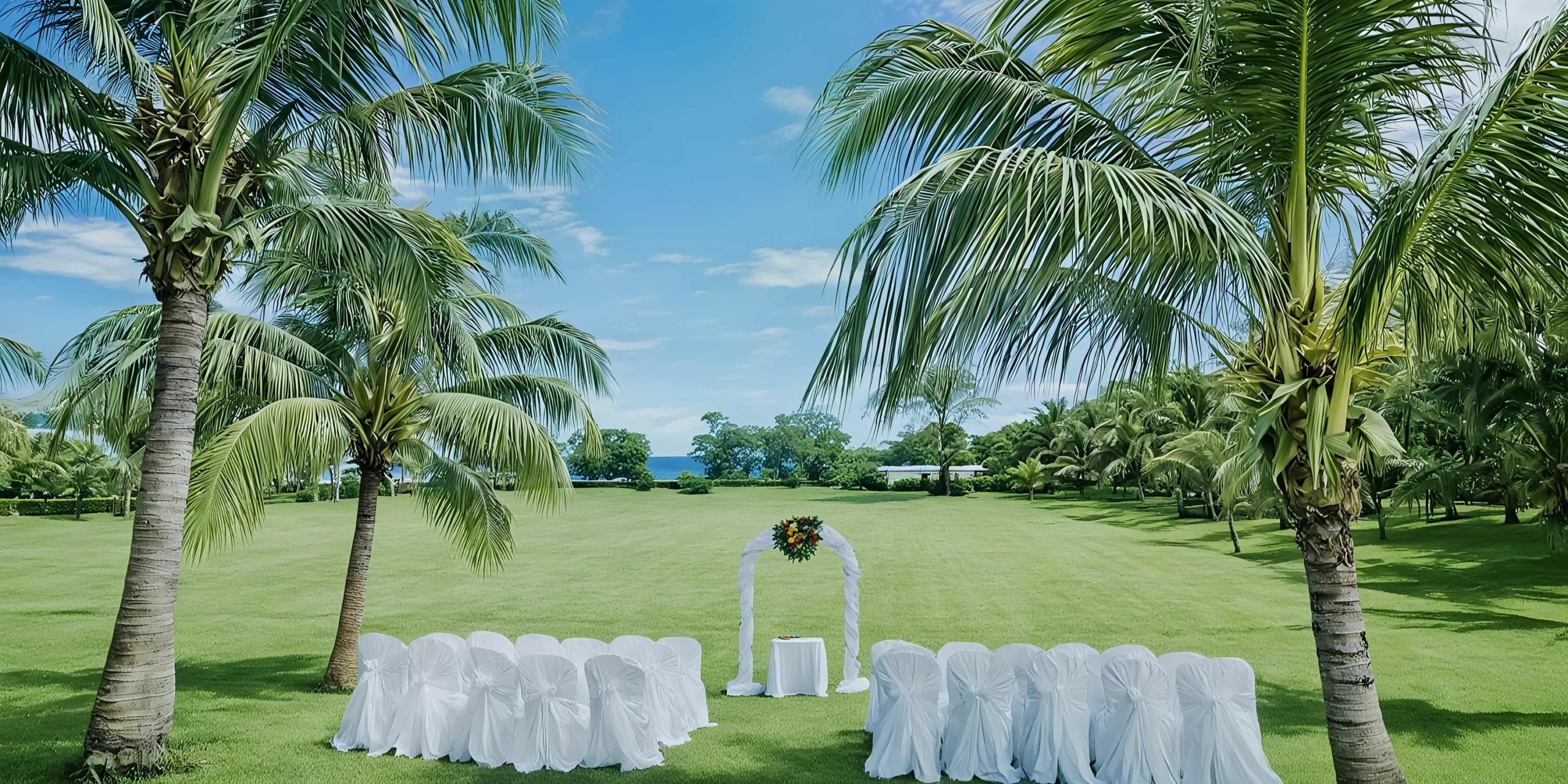 A wedding ceremony setup outdoors with white chairs and an arch, surrounded by palm trees on a sunny day.