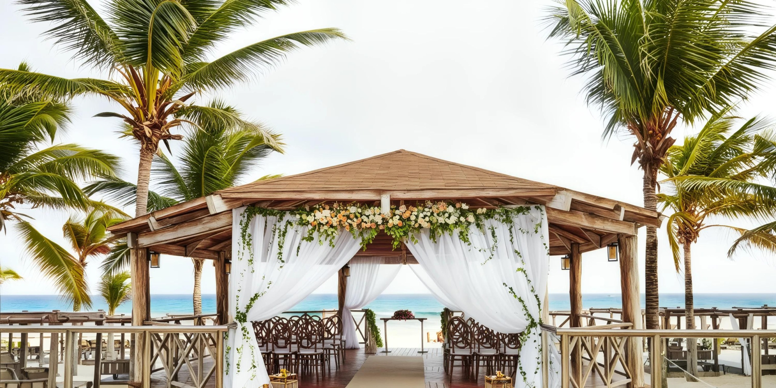 The outdoor wedding gazebo at Hyatt Zilara Cancun, adorned with white drapes and flowers and set against a backdrop of palm trees by the beach.