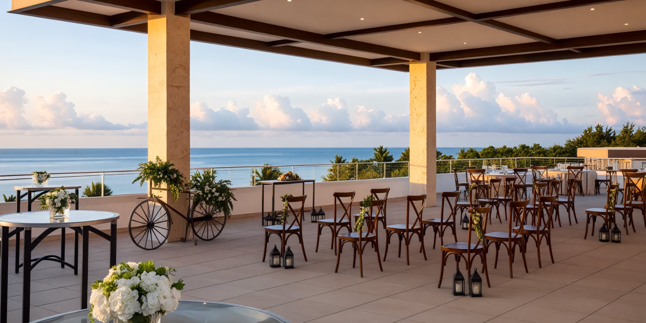 Arrange the chairs and tables for a destination wedding at Hyatt Zilara Cap Cana in a covered area by the ocean.