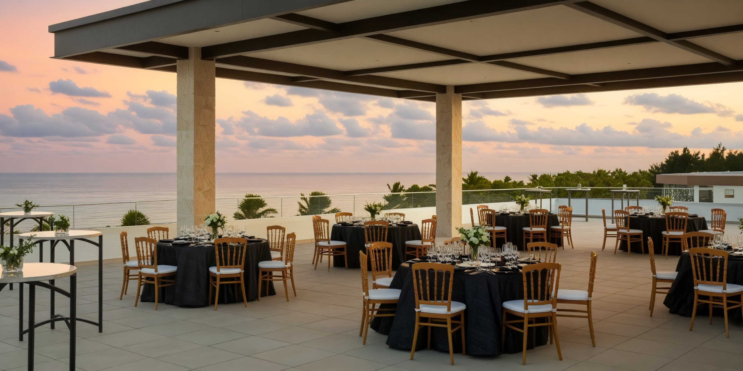 Hyatt Zilara Cap Cana: Host your destination wedding on the patio, where round tables are elegantly arranged against a backdrop of breathtaking ocean views at sunset.