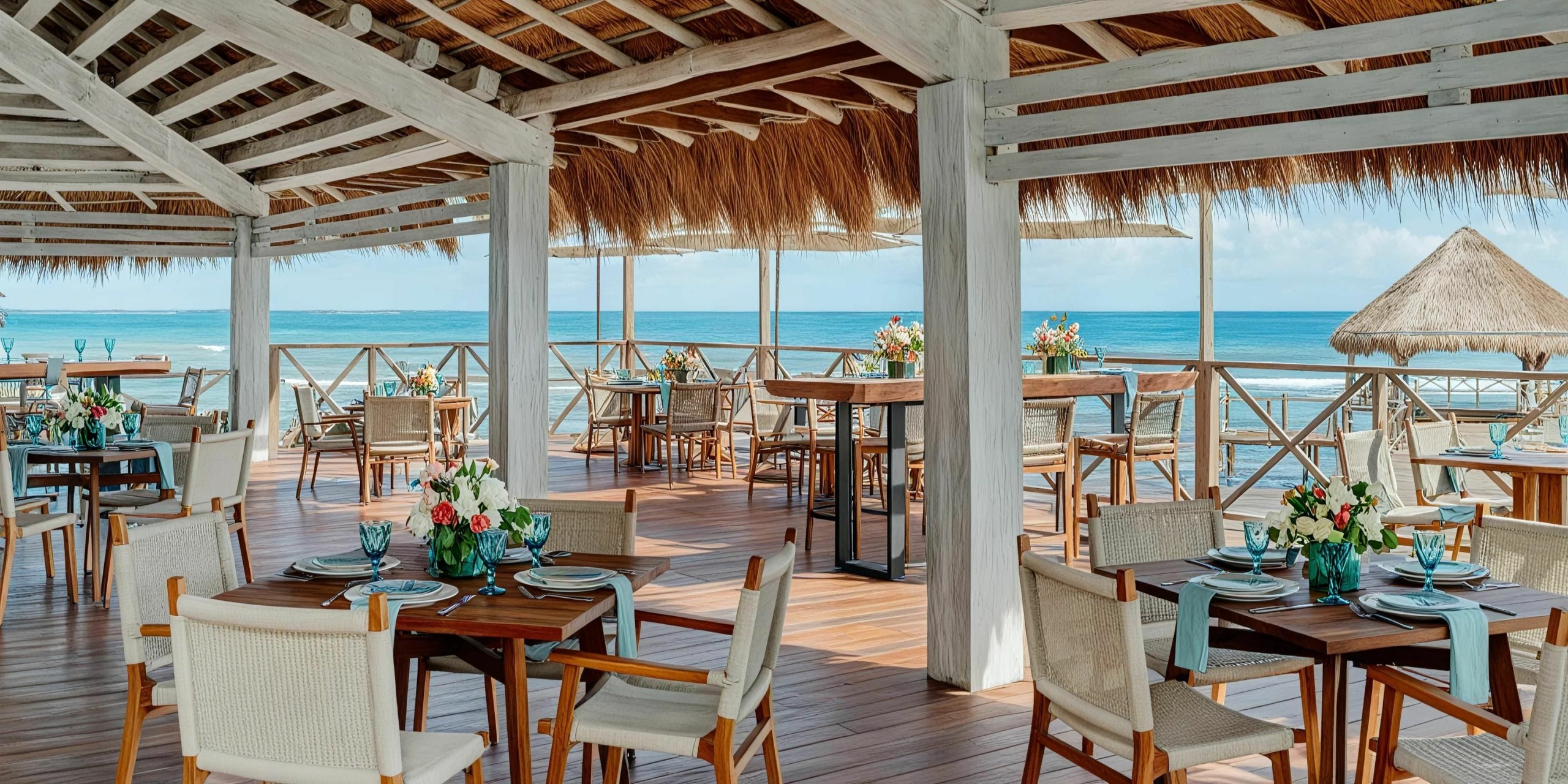 Outdoor restaurant with wooden tables and chairs, tropical decor, under a thatched roof, with an ocean view in the background.