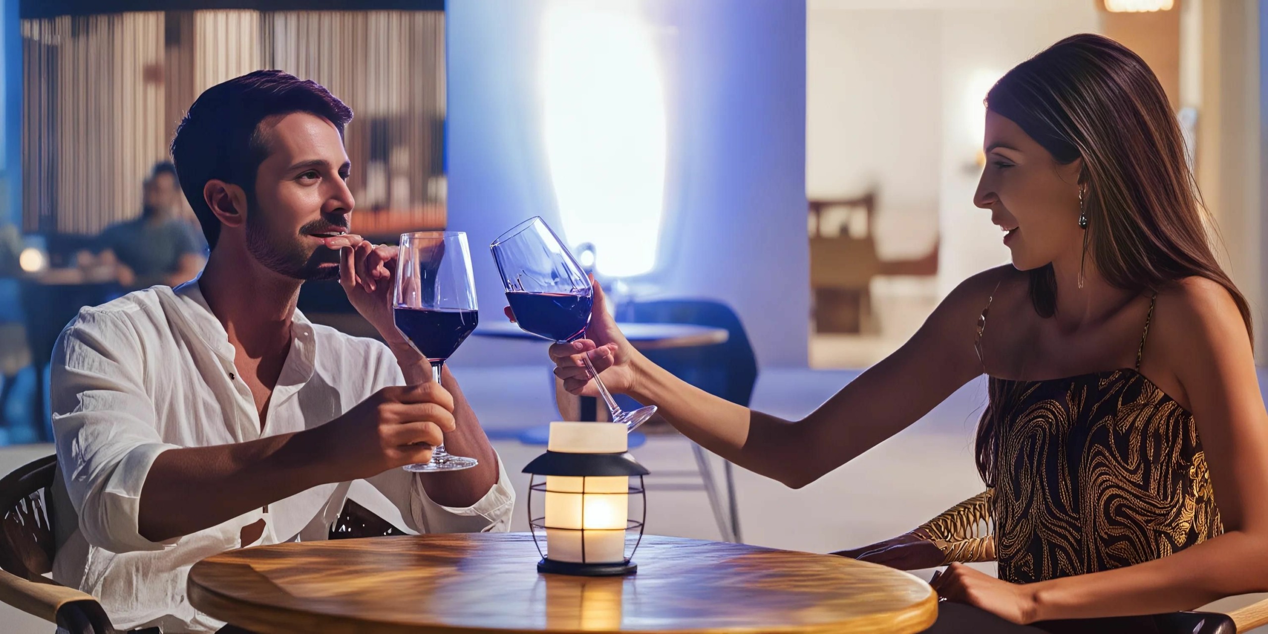 A man and woman clink wine glasses while seated at a candle-lit table outdoors at the Hyatt Ziva Riviera Cancun.