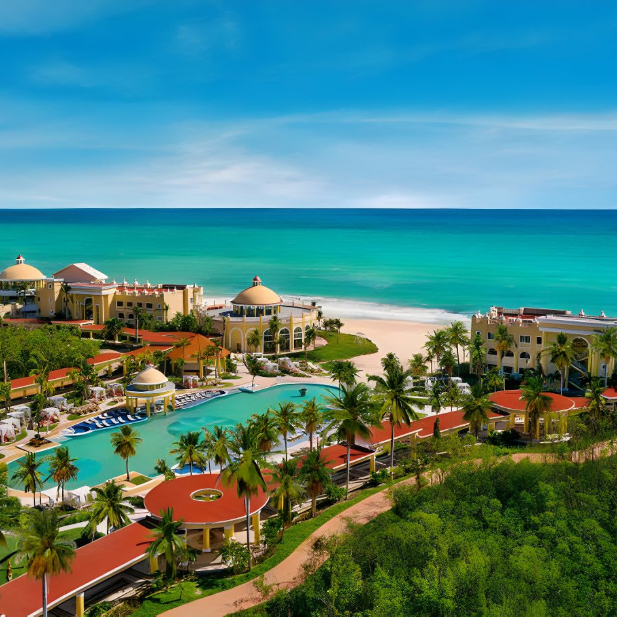 An aerial view of Iberostar Grand Paraiso on the beach, ideal for a destination wedding.