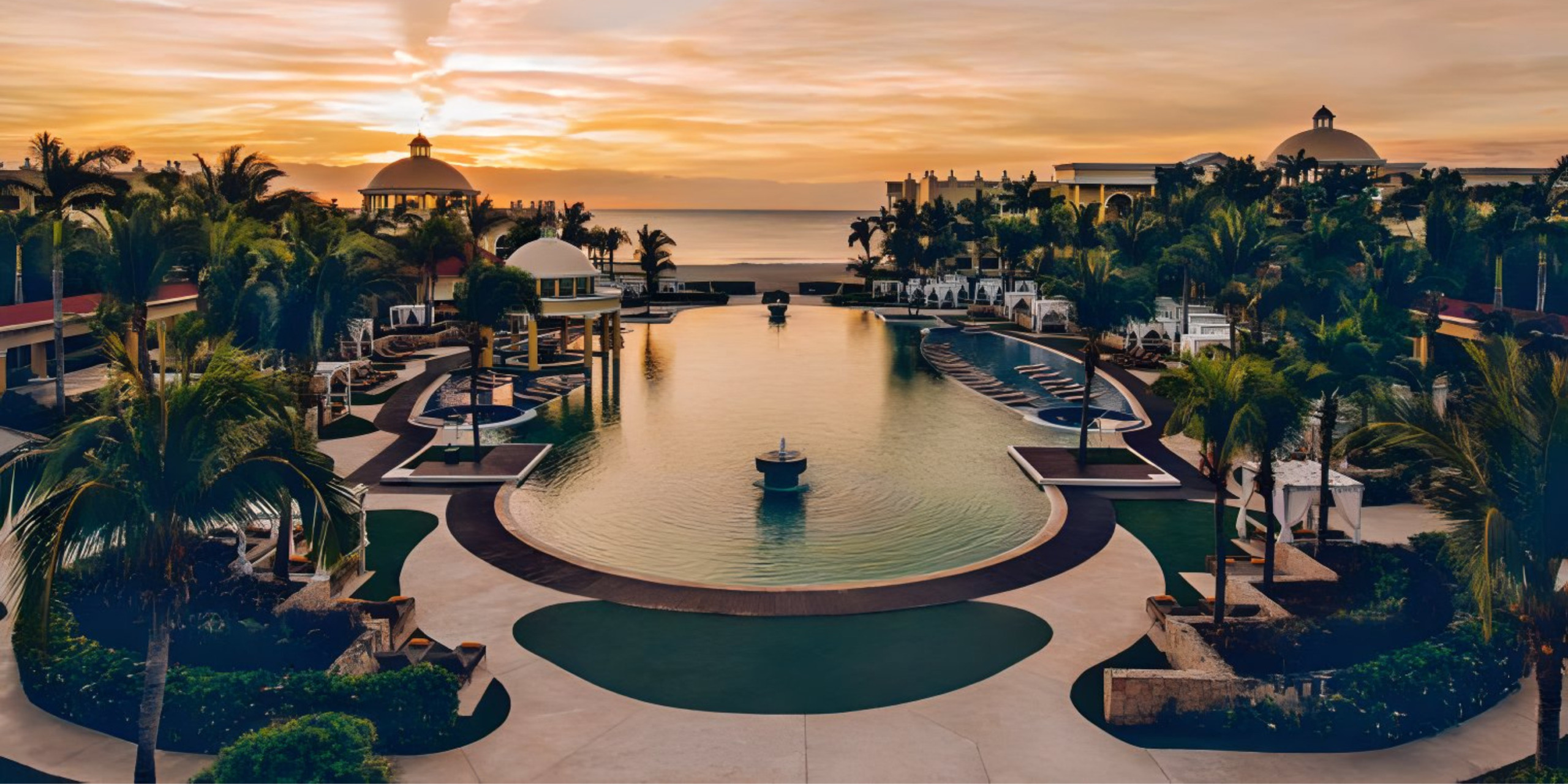 A Iberostar Grand Paraiso destination wedding resort with a pool and palm trees at sunset.