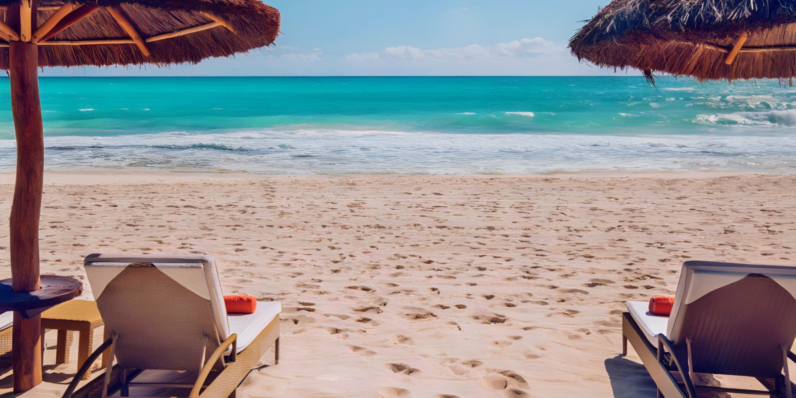 Two Iberostar Grand Paraiso lounge chairs on the beach with thatched umbrellas, set up for a destination wedding.