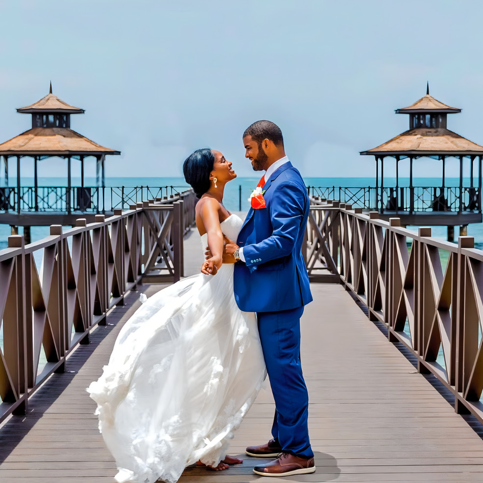 A bride and groom in elegant wedding attire affectionately holding hands on a wooden pier at Iberostar Selection Rose Hall with gazebos and a clear sky in the background.