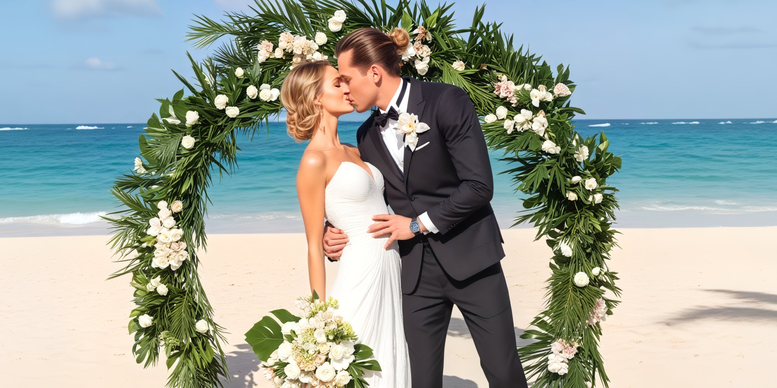 The bride and groom share a kiss in front of a beautifully adorned floral arch at their destination wedding on Iberostar Selection Bavaro Beach.