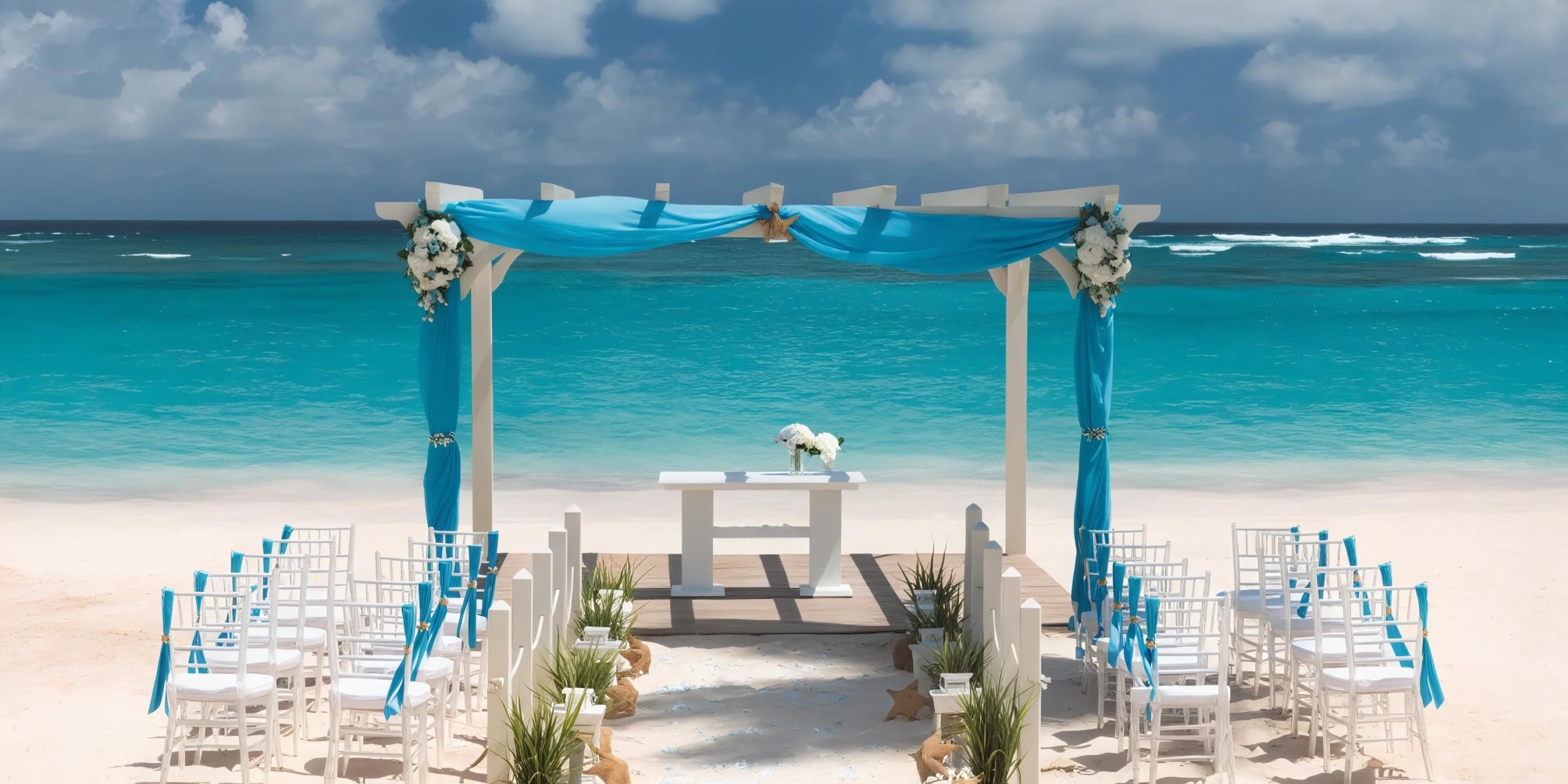 An outdoor beach wedding setup with white chairs and a white arch adorned with blue drapes and flowers, facing the ocean on a sunny day.