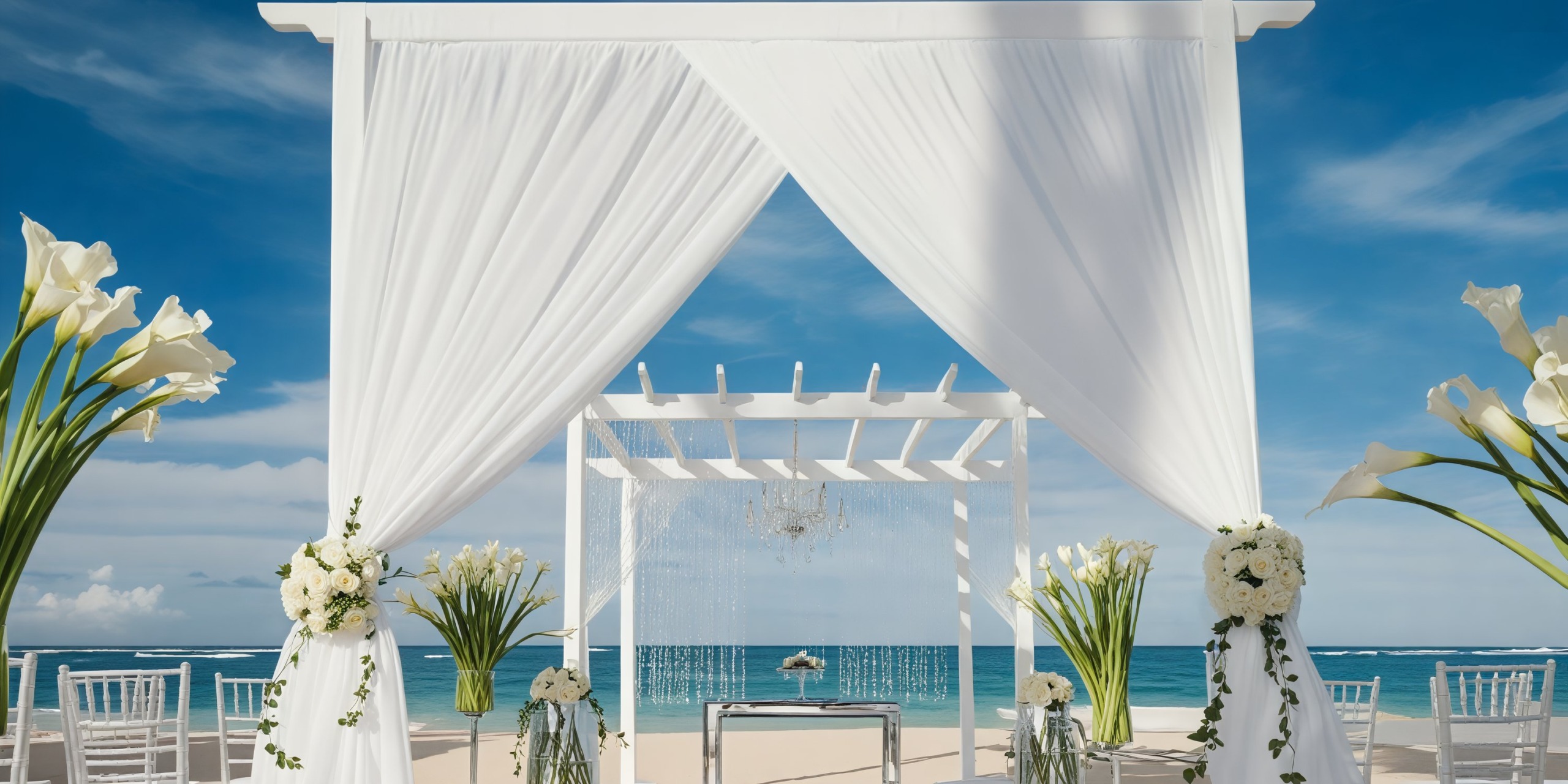 The wedding altar at Iberostar Selection Bavaro is beautifully adorned with white drapery and flowers, set against a stunning ocean backdrop, making it the perfect destination wedding setting.