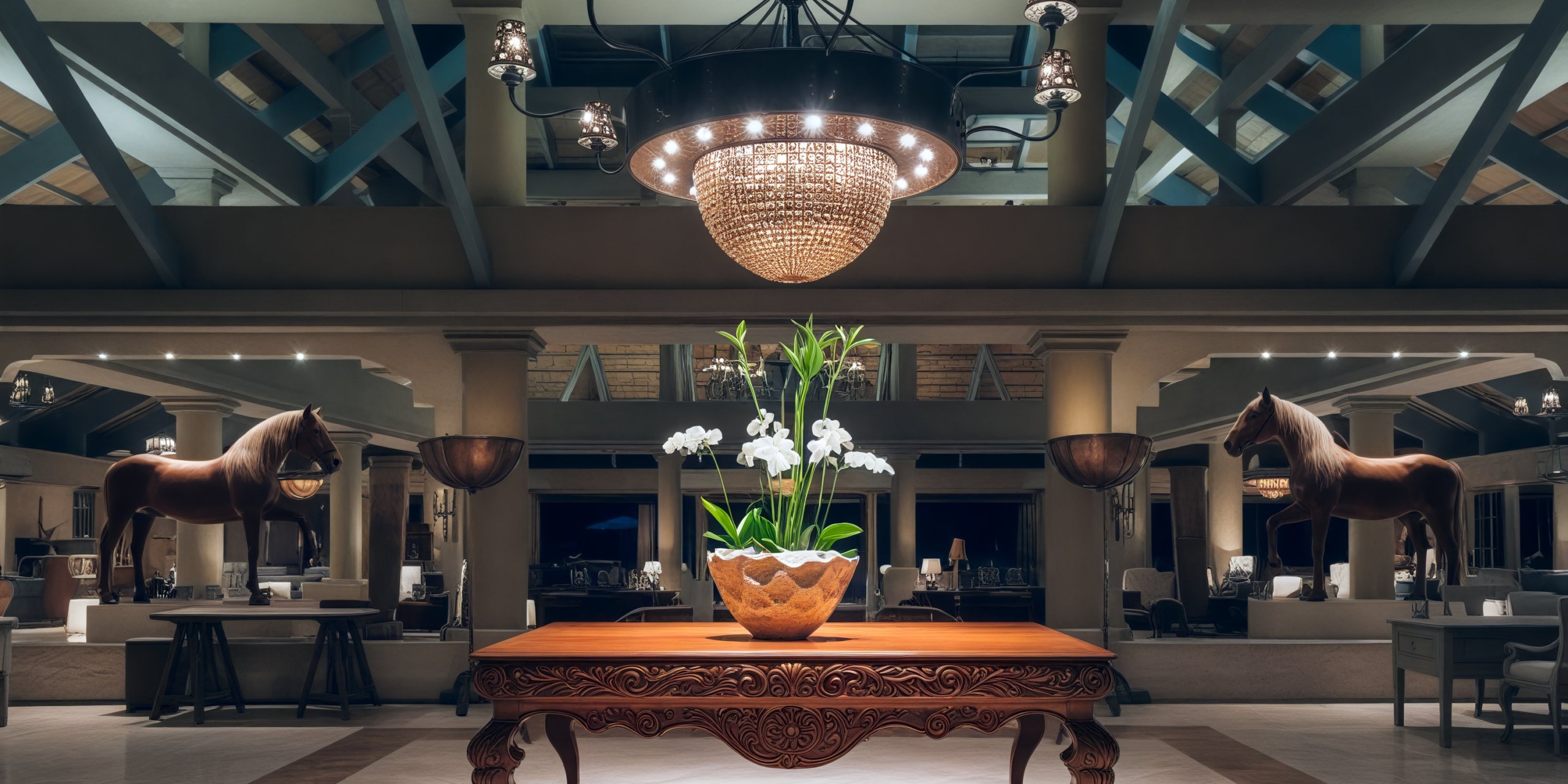 The elegant lobby of the chic Iberostar Selection Bavaro is perfect for a destination wedding, featuring a stunning chandelier, an ornate table, and a beautifully arranged potted plant.