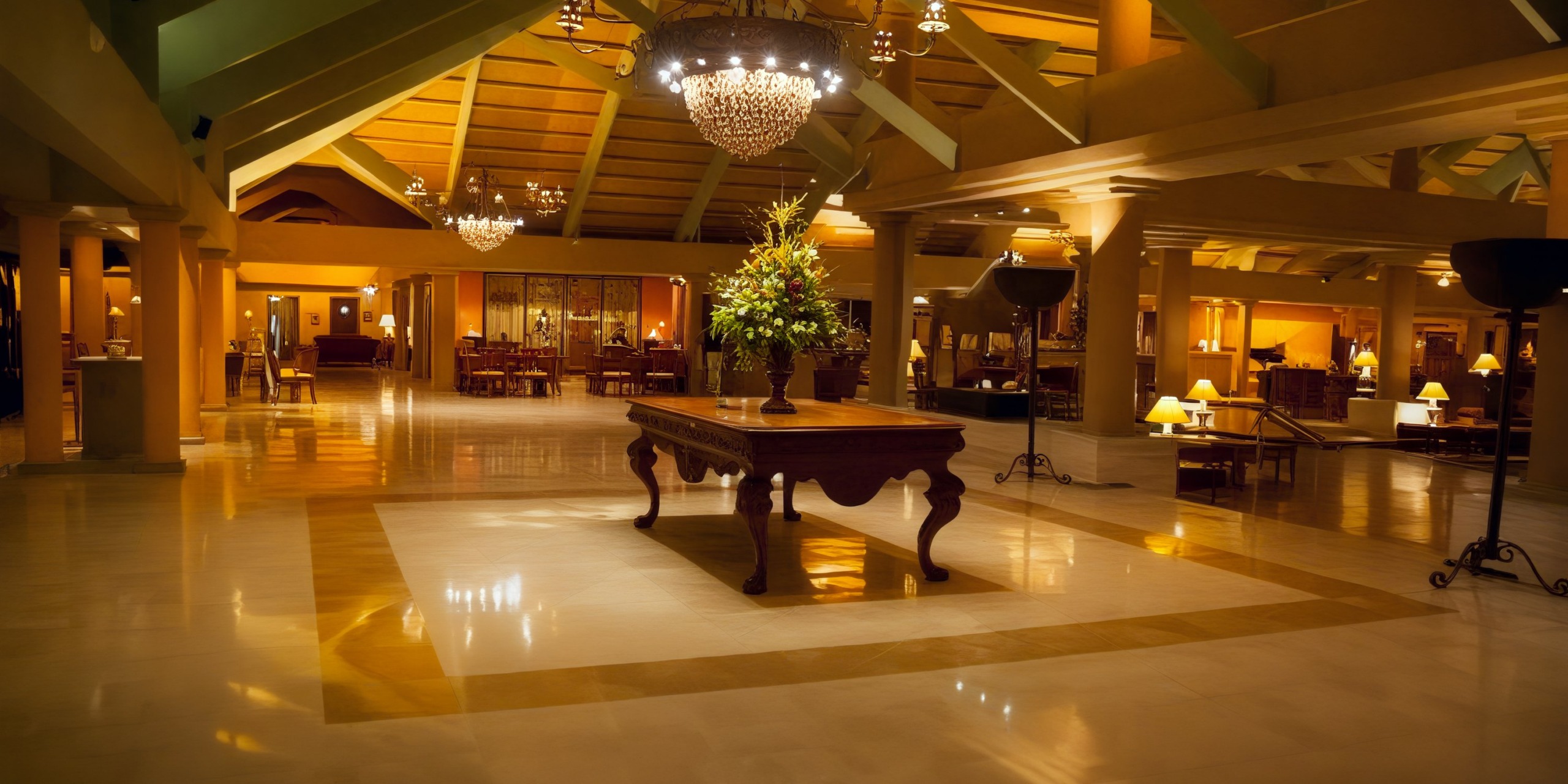The lobby of Iberostar Selection Bavaro resembles a destination wedding venue, complete with elegant chandeliers and a central table adorned with beautiful flowers.