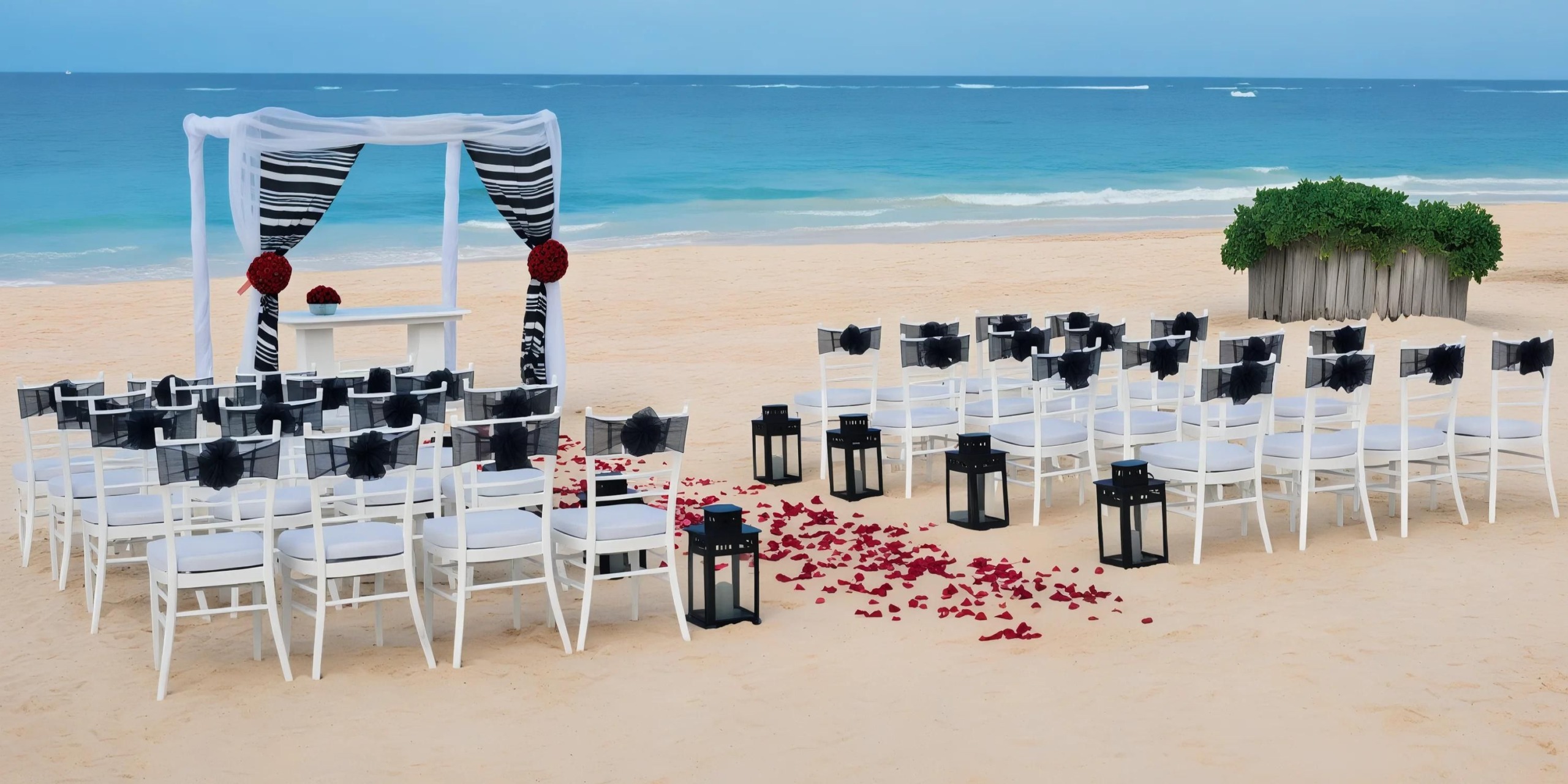 A beachside wedding setup at Iberostar Selection Bavaro featuring white chairs adorned with black ribbons, rose petals scattered along the aisle, and decorative lanterns arranged neatly. The aisle leads to a stunning arch draped in elegant white and black fabric, all overlooking the tranquil ocean.