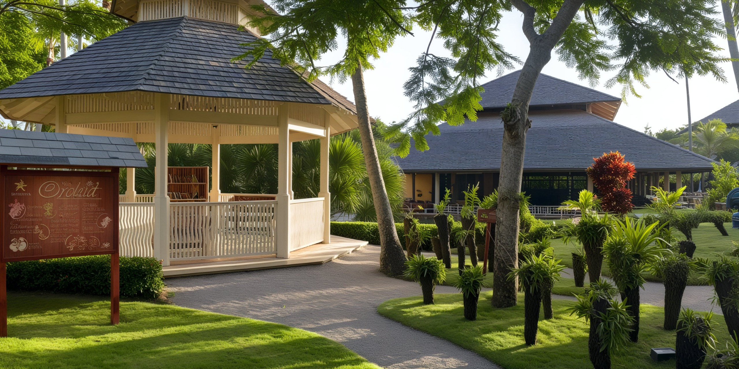 A wooden gazebo and building, set amidst a beautifully landscaped garden with trees and pathways, provide a picturesque setting ideal for a destination wedding.