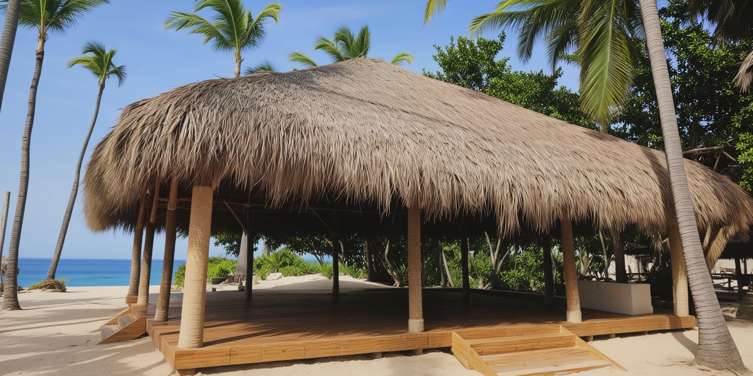 A thatched roof pavilion on a sandy beach, surrounded by palm trees and offering stunning ocean views, makes for an idyllic destination wedding setting.