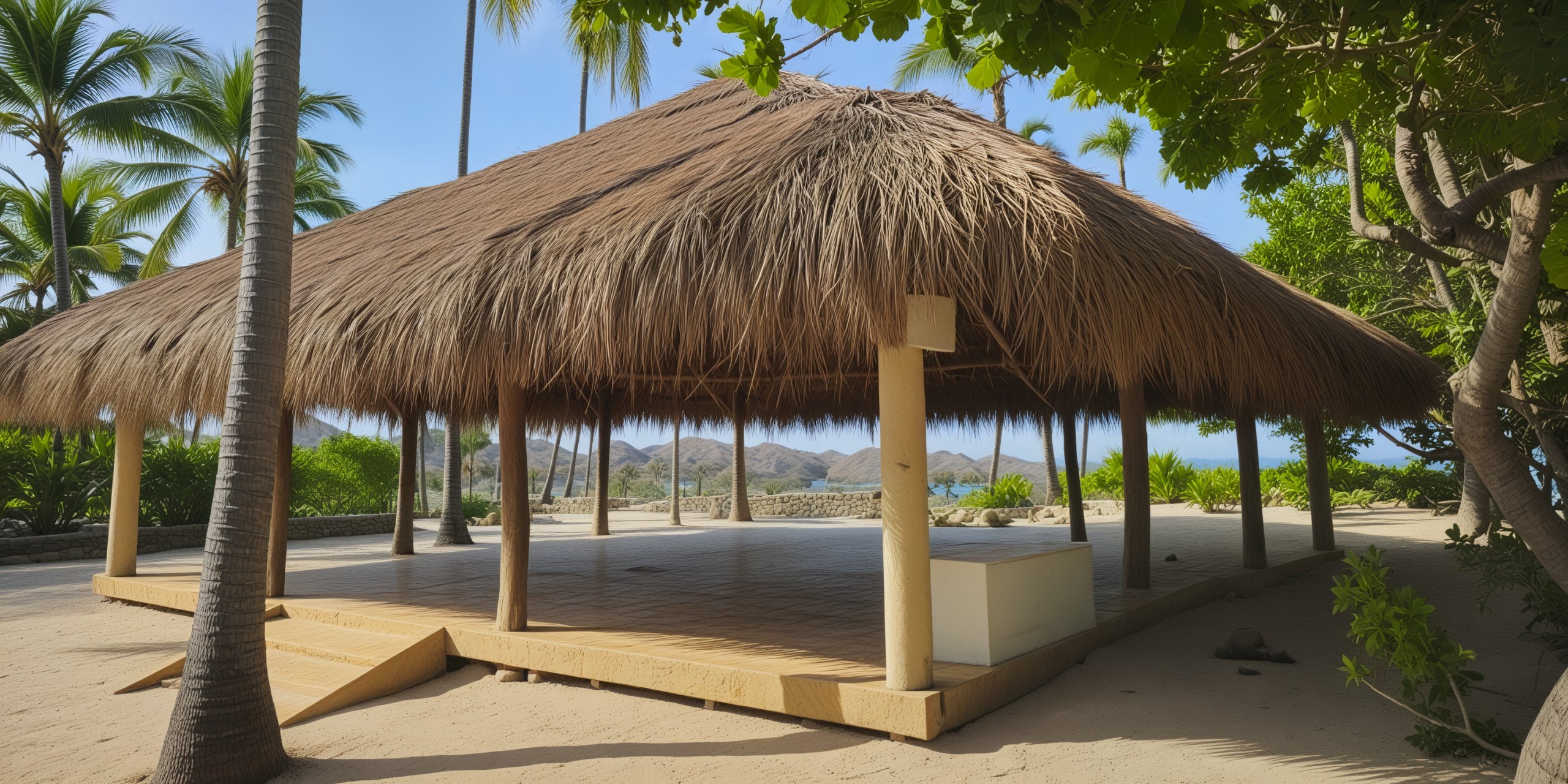 Experience the magic of a destination wedding in an open thatched-roof pavilion on a sandy beach, beautifully surrounded by swaying palm trees.