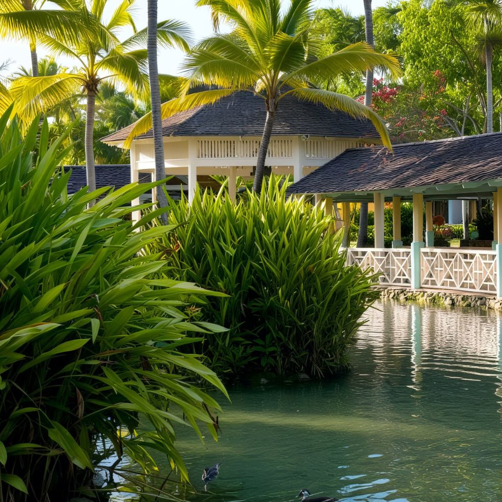 A tropical garden featuring a pond, palm trees, and a pavilion—perfect for a destination wedding.