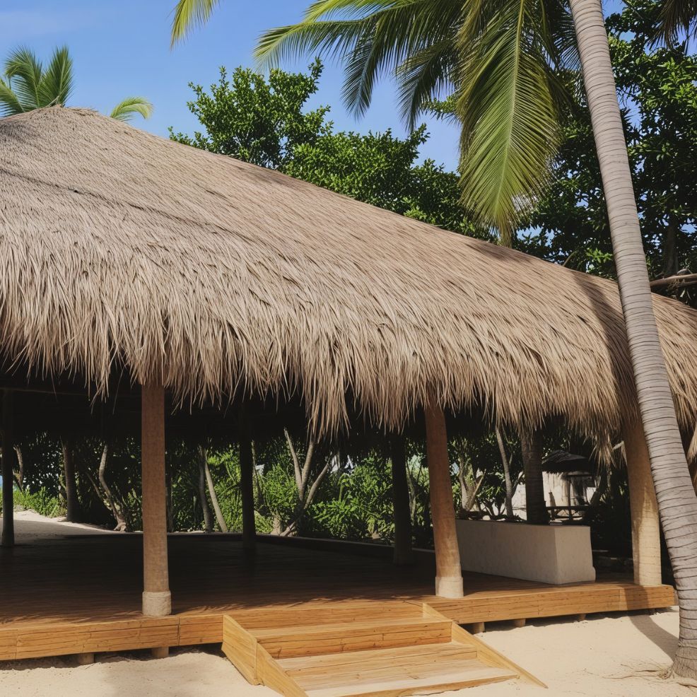 A thatched-roof hut nestled among palm trees on a sandy beach, offering a picturesque setting for a destination wedding.