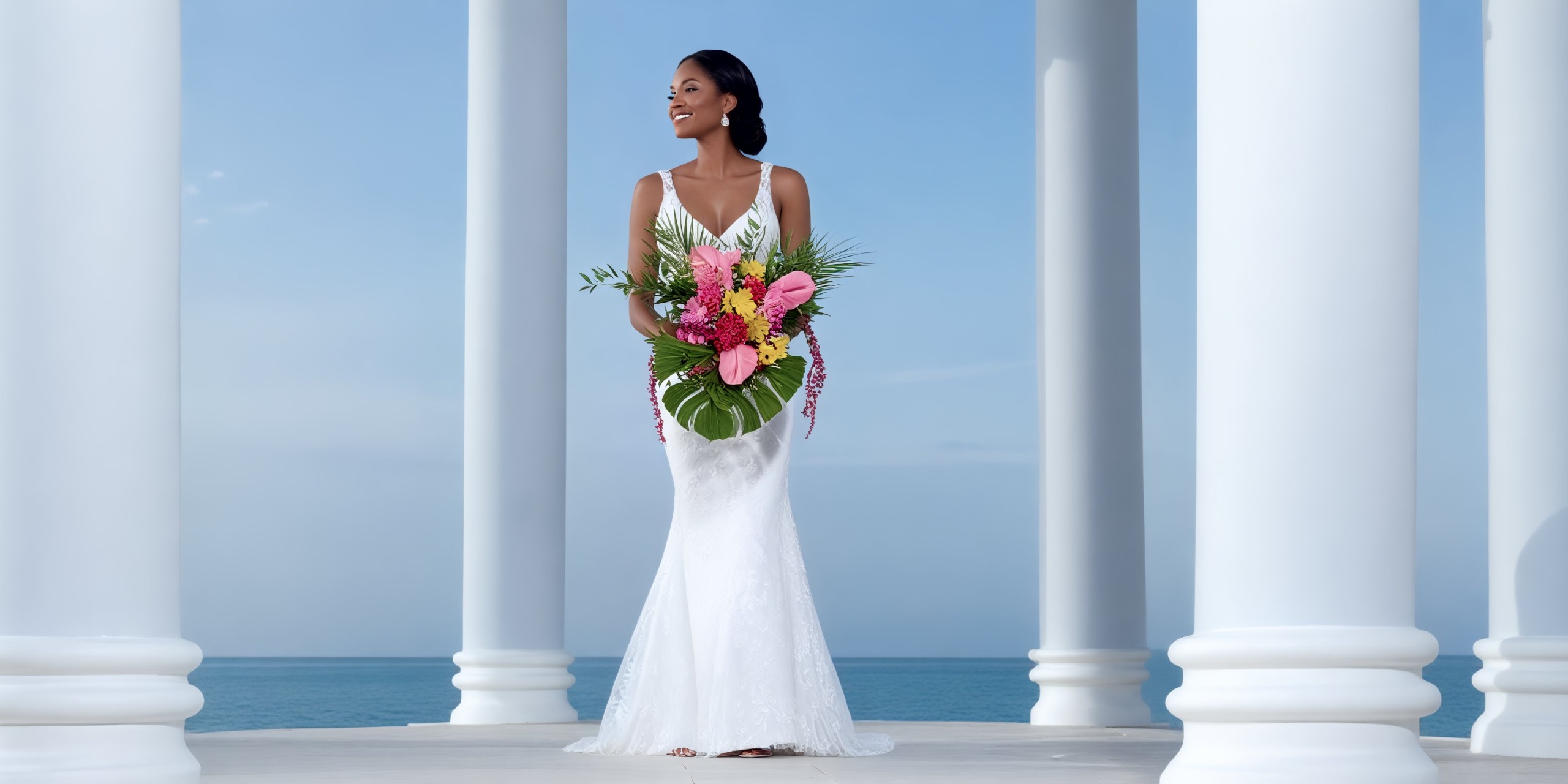 A bride in a white dress, holding a bouquet of flowers, stands gracefully between columns with the ocean as a stunning backdrop, creating the perfect scene for a destination wedding.