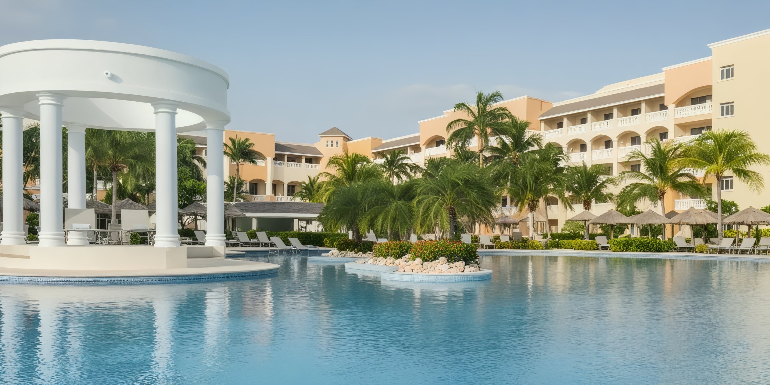 A picturesque poolside view at a resort, featuring palm trees and a columned structure in the foreground, perfect for a destination wedding setting.
