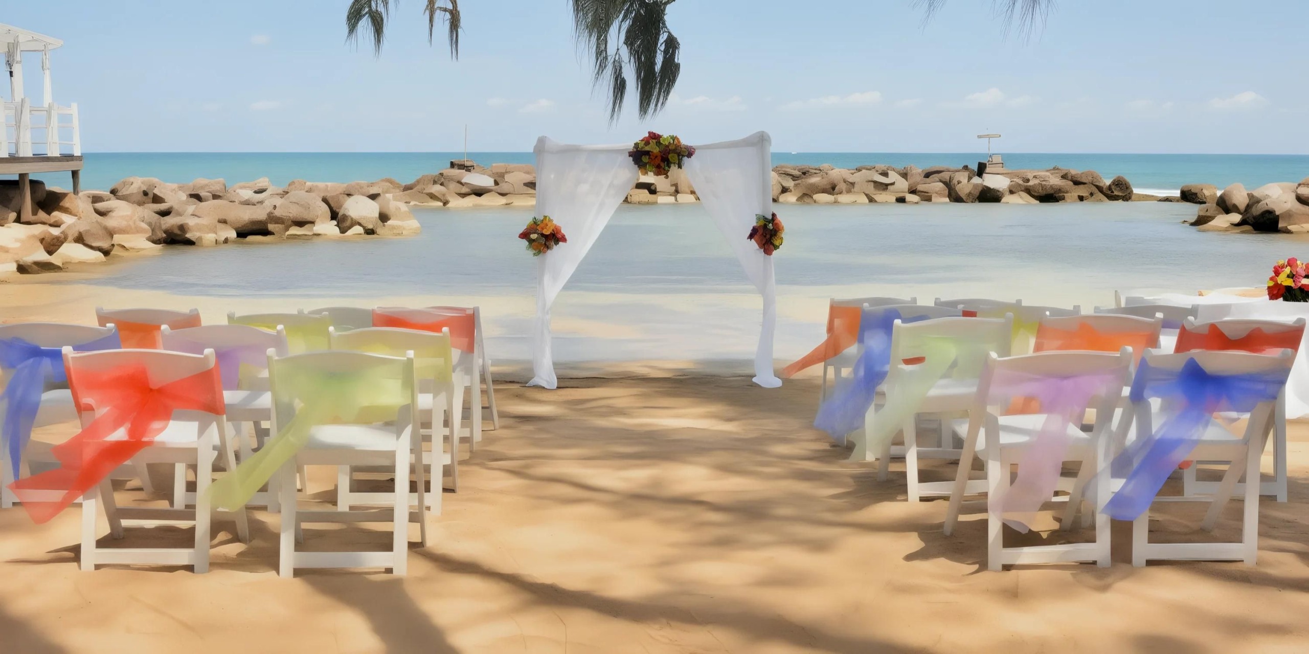 Beach wedding setup with rows of white chairs adorned with colorful sashes, facing an arch decorated with flowers and white fabric, overlooking the ocean and rocks.