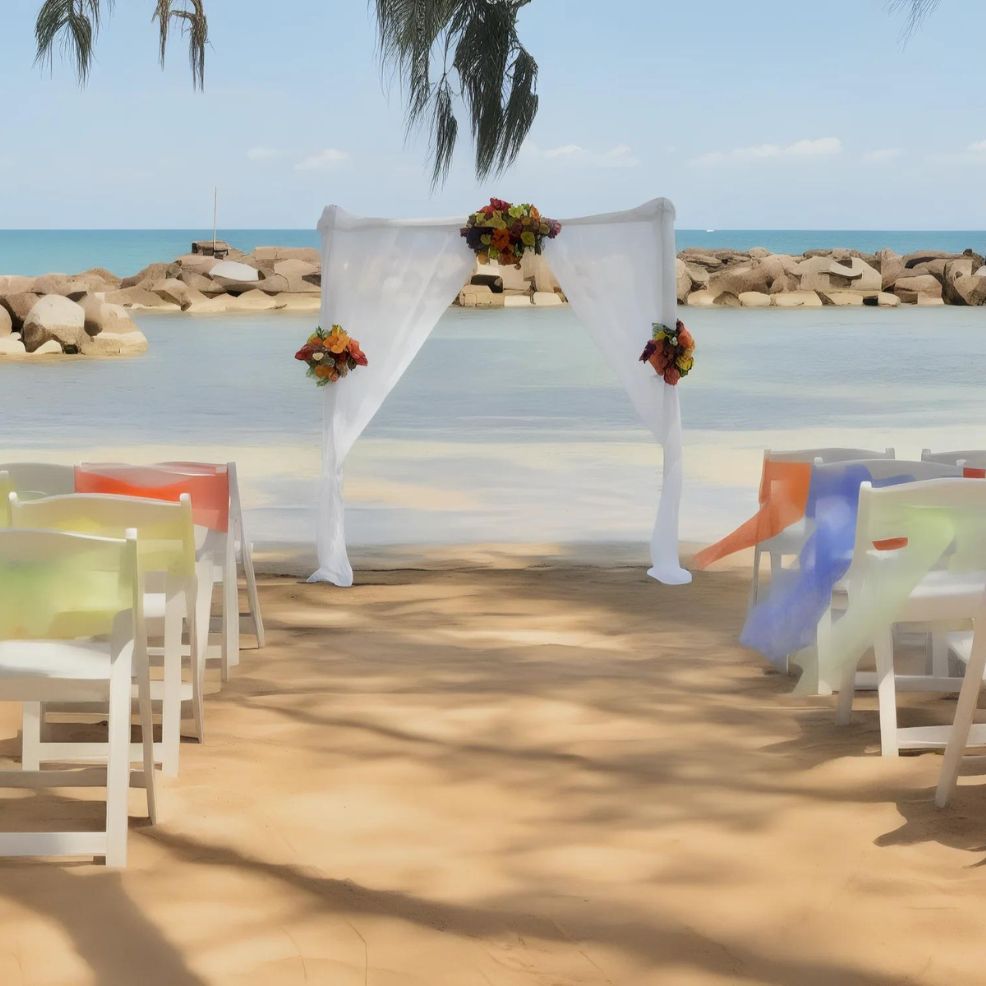 Beach wedding setup with white arch, floral decorations, and colorful chairs facing the ocean under a clear blue sky.