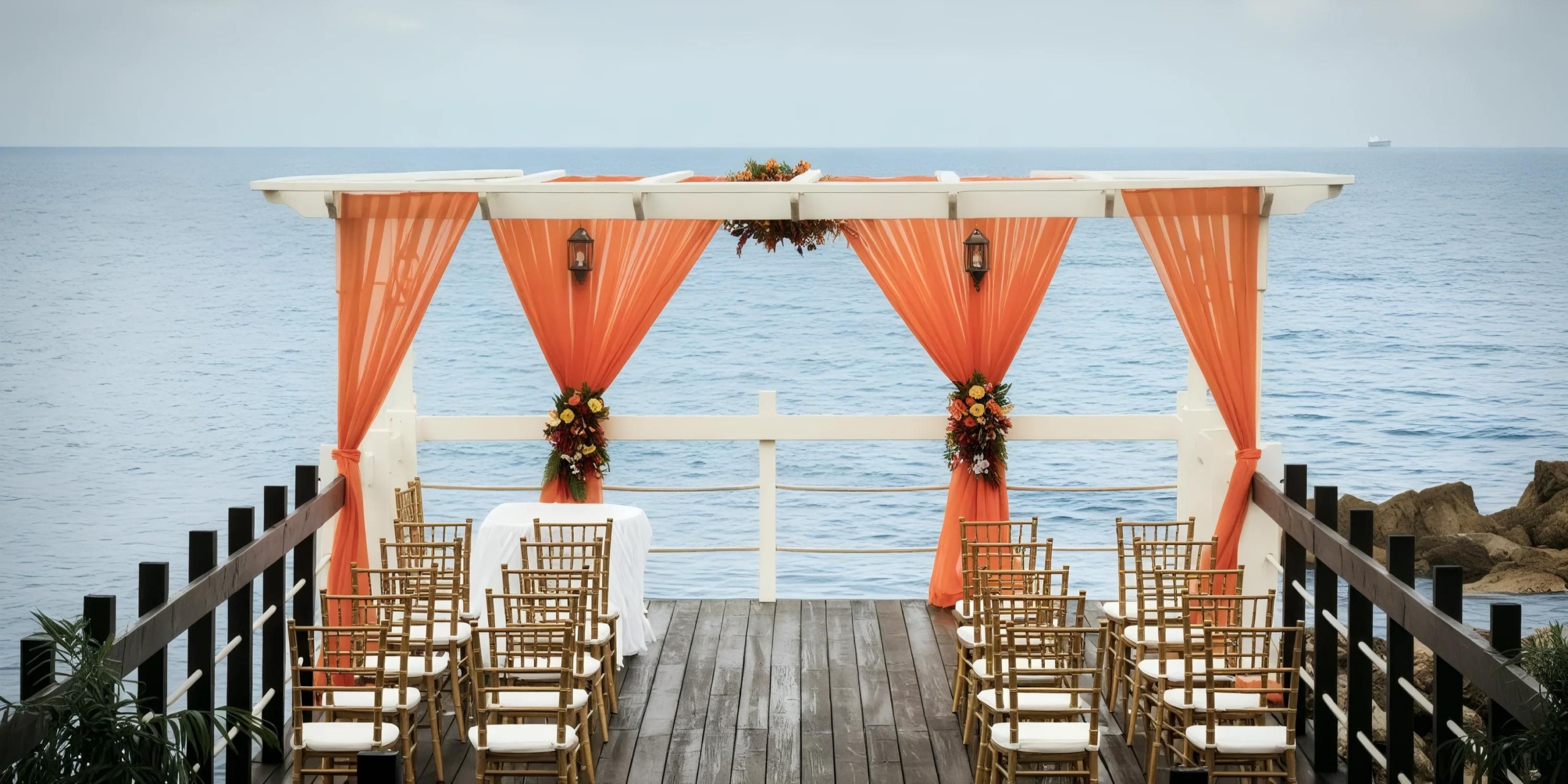 Outdoor wedding altar with orange drapes, floral arrangements, and rows of chairs set on a wooden deck overlooking the ocean.