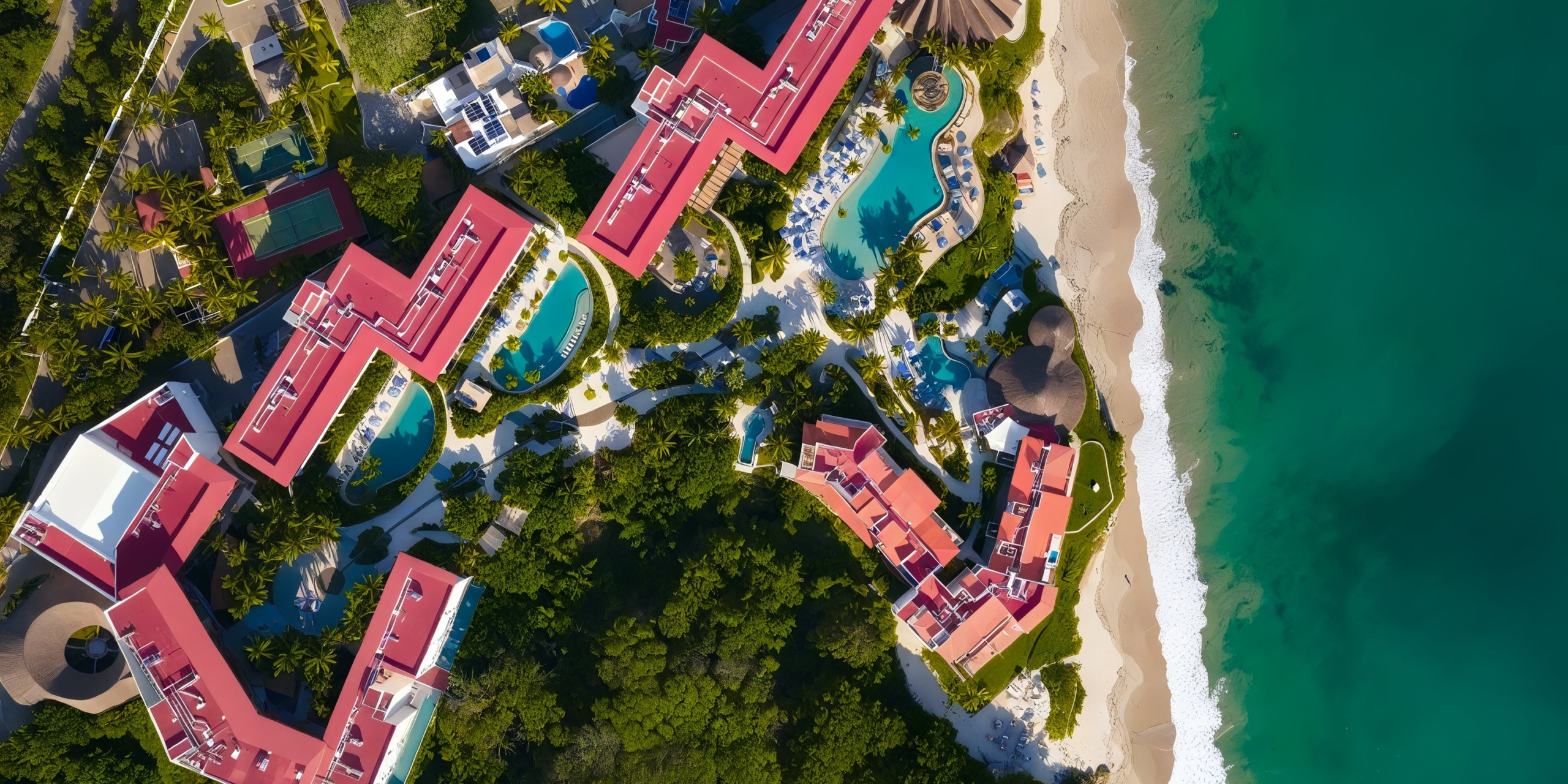 Aerial view of Marival Armony, a beachfront resort featuring red-roofed buildings, multiple pools, and lush green landscaping adjacent to a sandy beach and turquoise ocean.