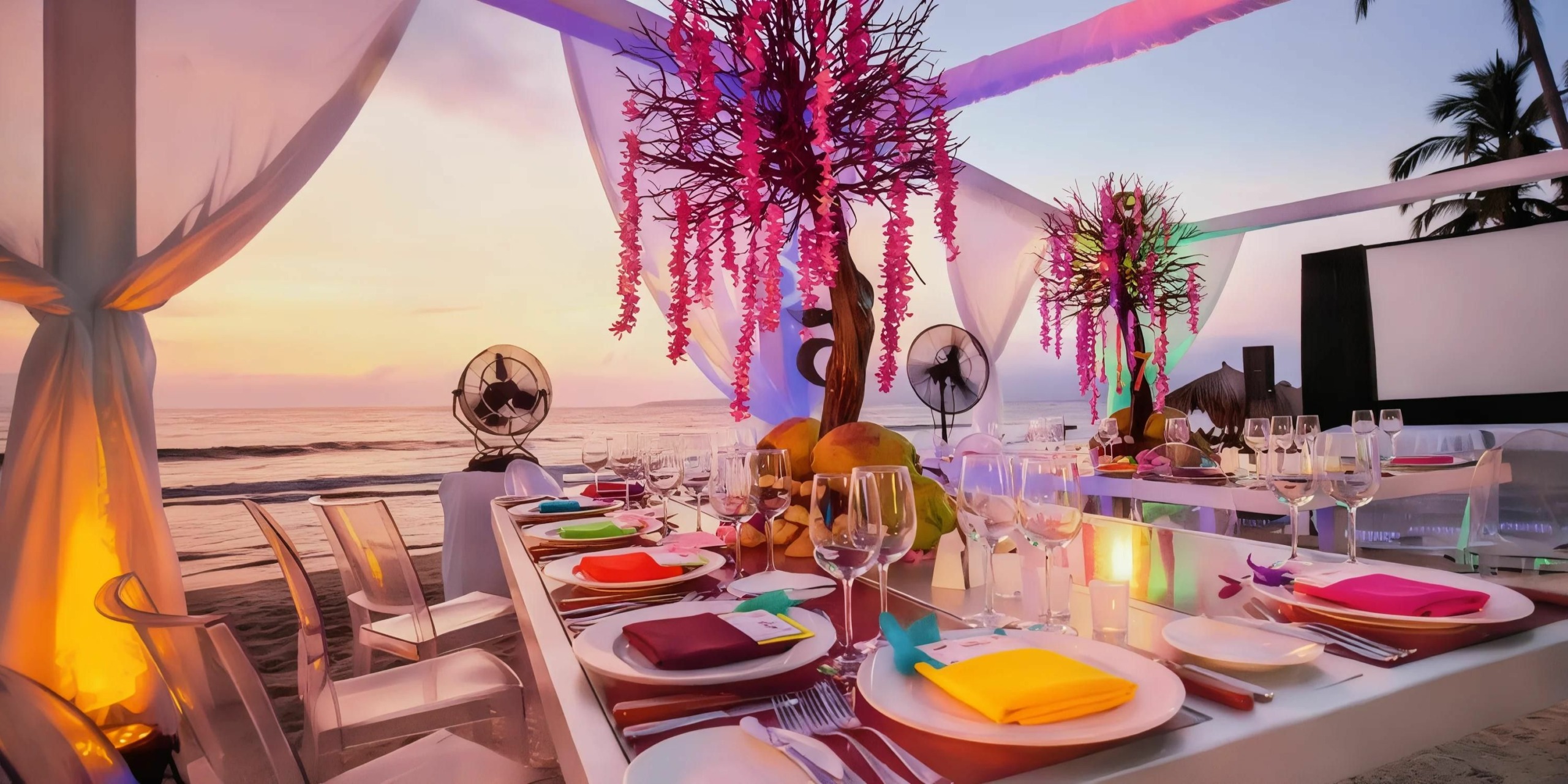 A beachfront table is set for a formal dinner with colorful napkins, glassware, and decorative centerpieces with hanging flowers, under a partially covered area, at sunset.