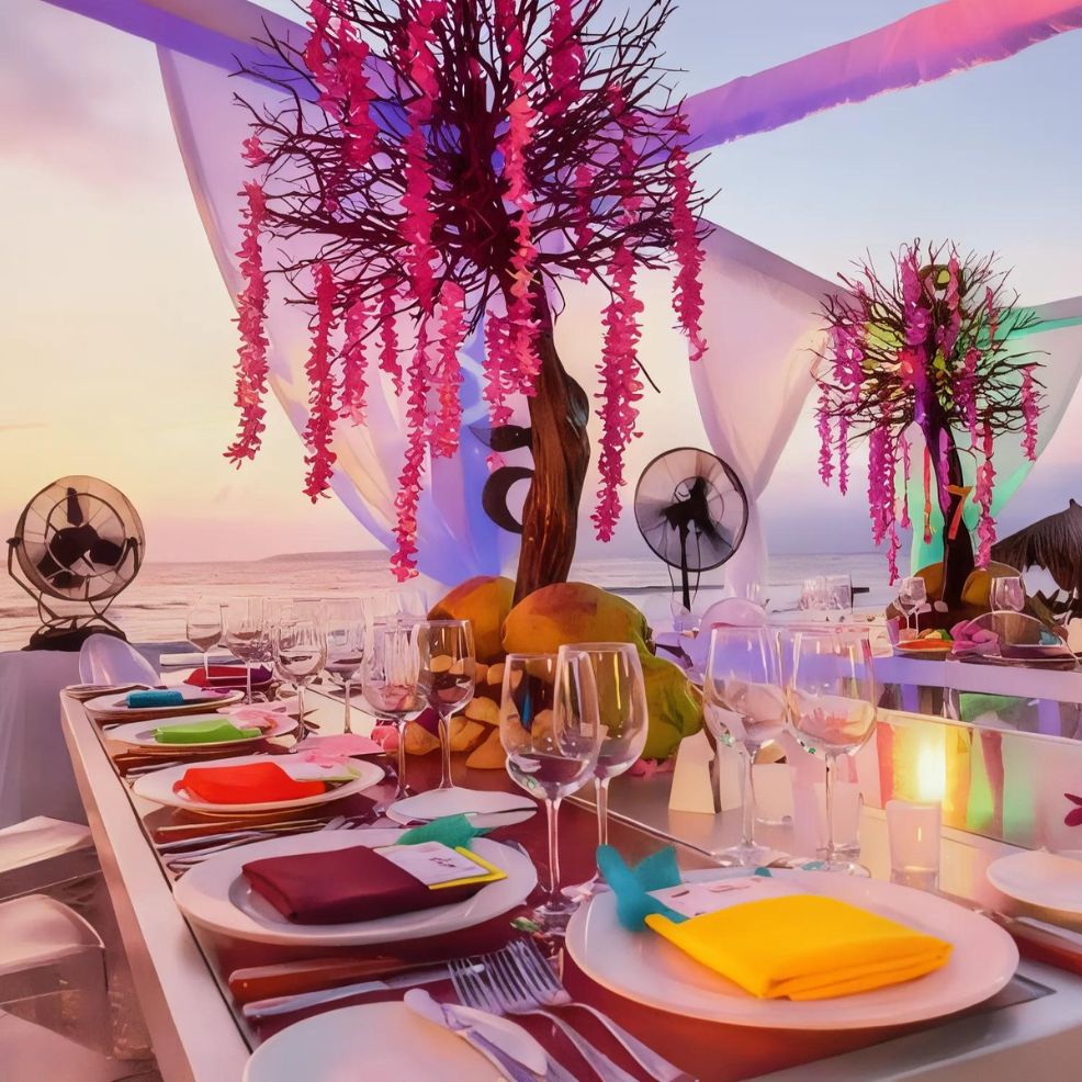 A decorated outdoor dining table with colorful napkins, glassware, and elaborate tree centerpieces adorned with pink flowers, set against a beach sunset backdrop.