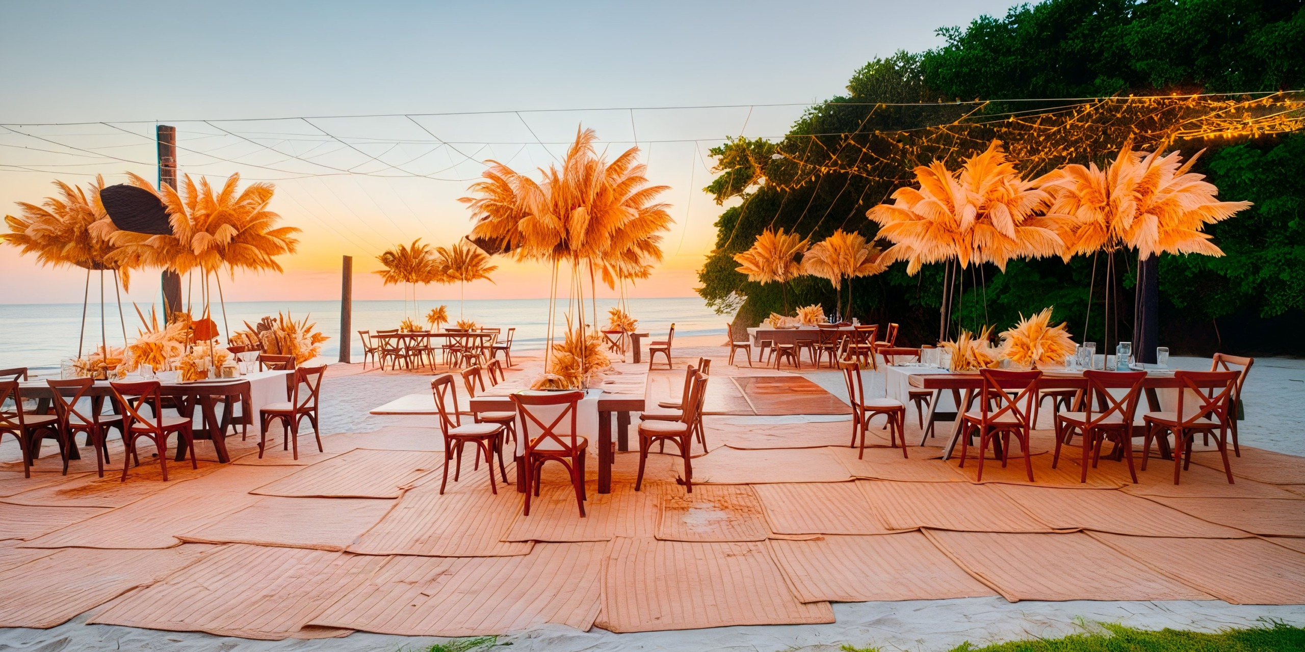 Create a beachside dining experience featuring Marival Armony tables and chairs, enhanced by decorative palm arrangements under string lights at sunset.