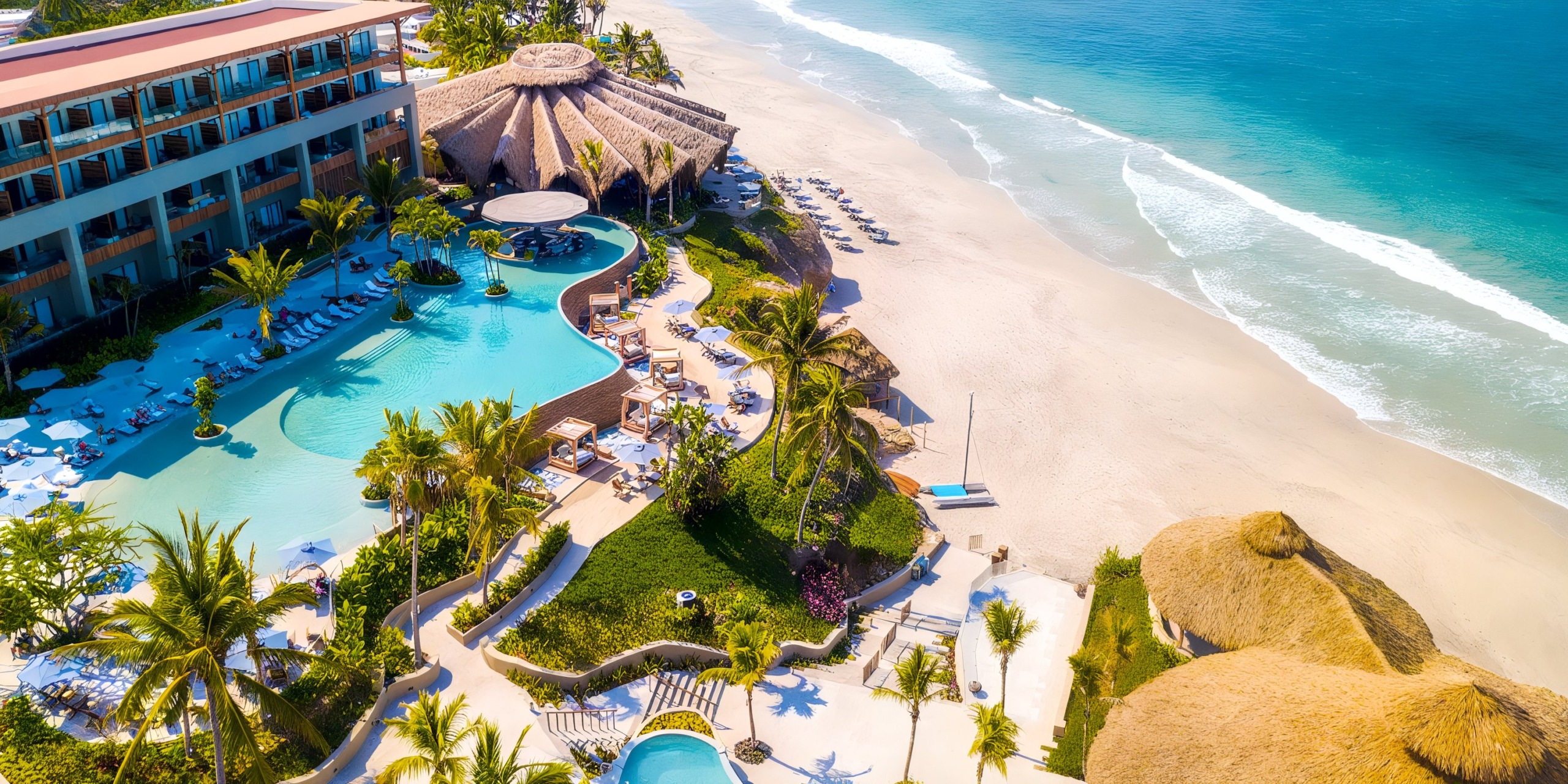 Aerial view of Marival Armony, a coastal resort featuring a large pool, palm trees, and a sandy beach beside the ocean.