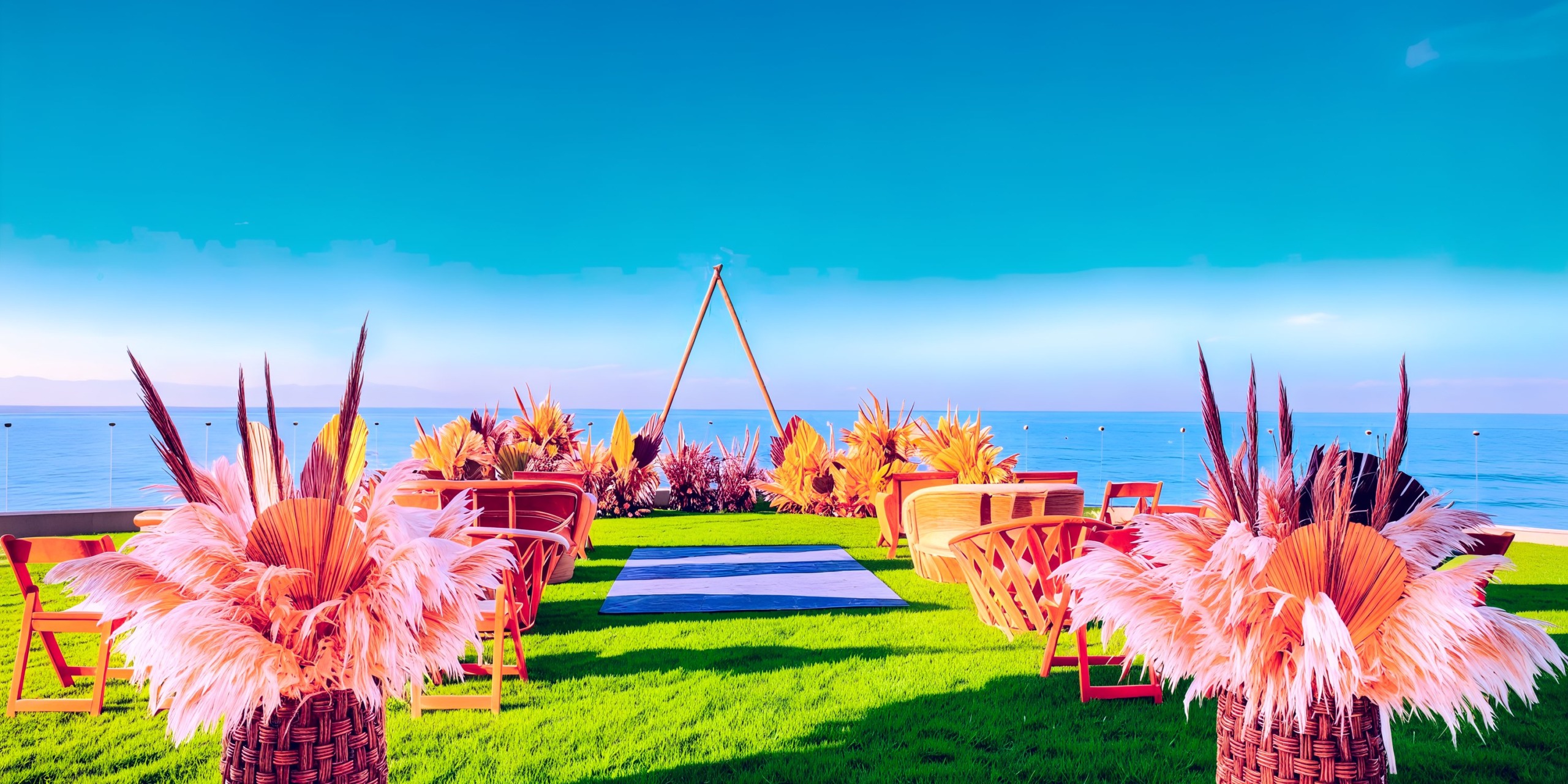 Experience a breathtaking outdoor wedding setup by the sea with Marival Armony, featuring wooden chairs, elegant floral arrangements, and a triangular arch set on lush green grass.