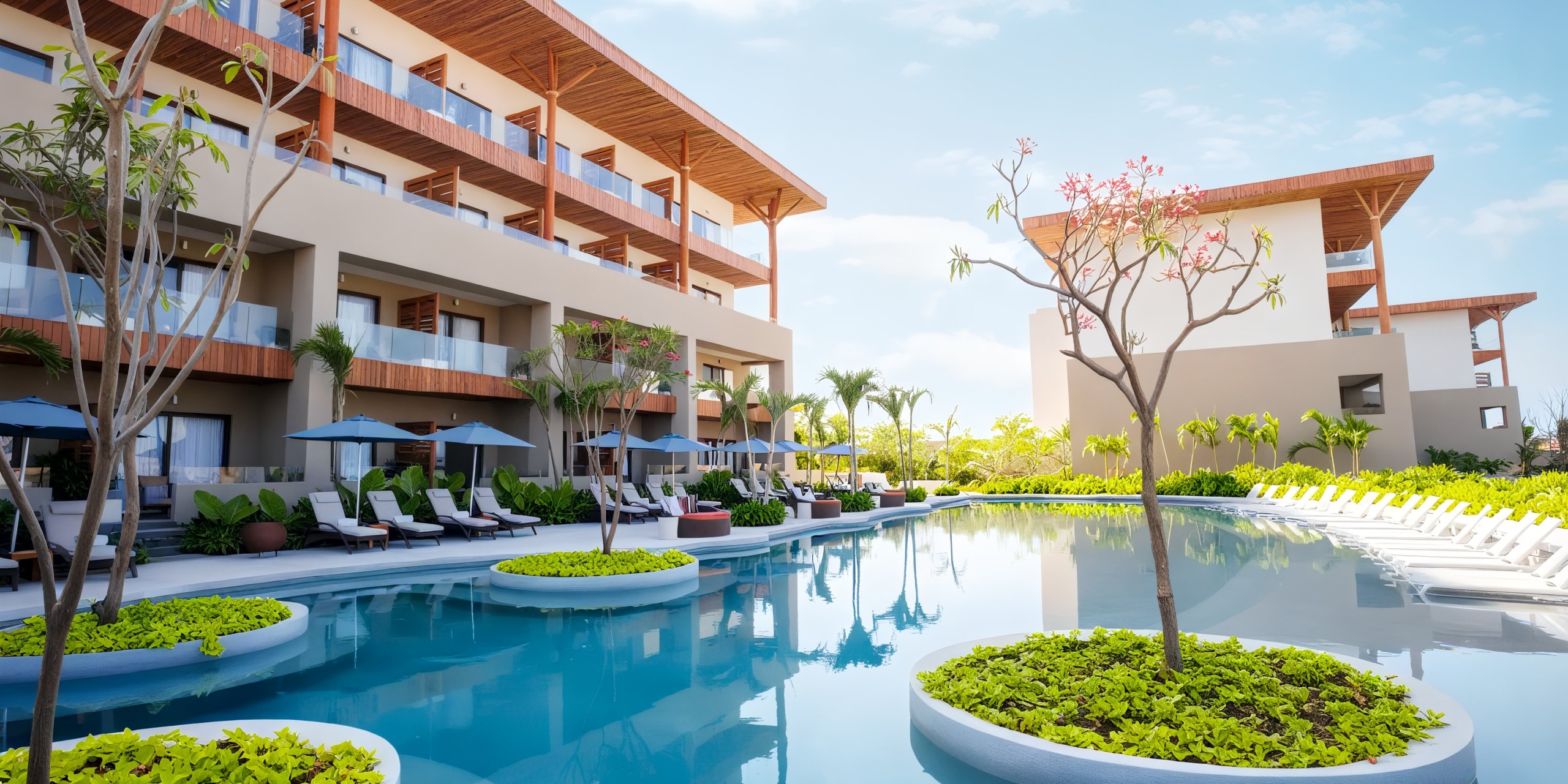 Marival Armony offers a modern hotel experience with balconies that overlook a pristine swimming pool, surrounded by lounge chairs and lush green plants, all under a clear blue sky.