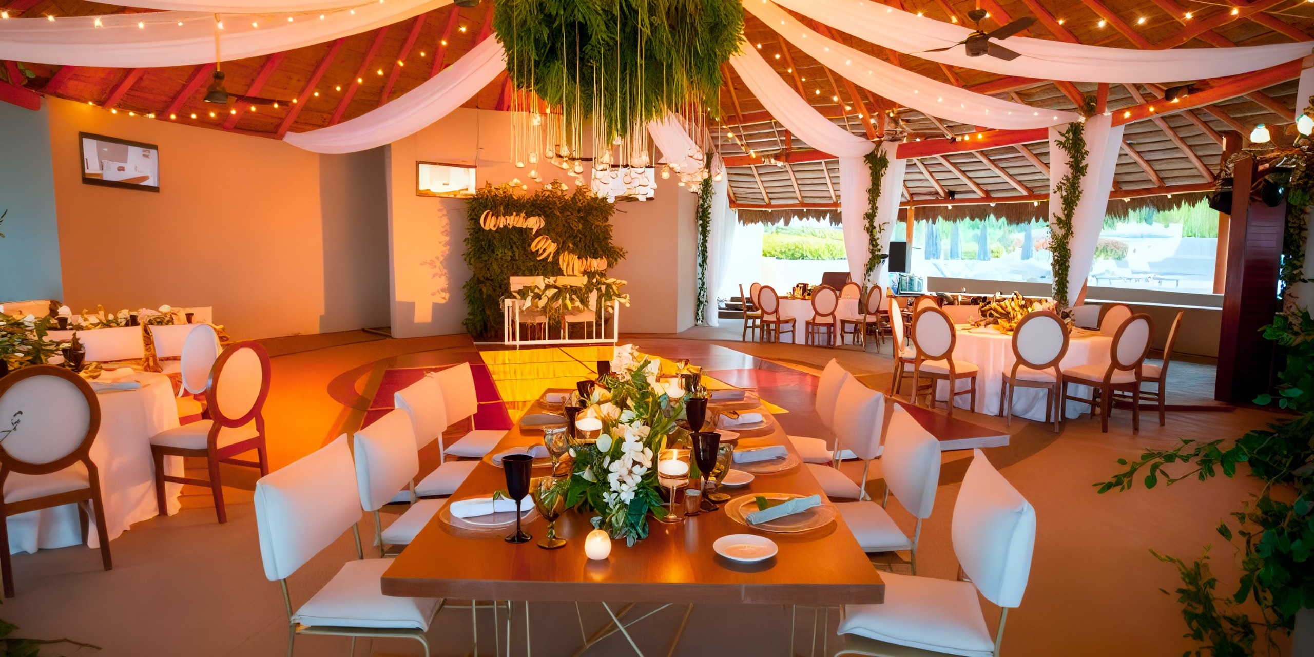 The Marival Armony wedding reception venue is elegantly decorated with both round and rectangular tables, complemented by white chairs, stunning floral centerpieces, a beautifully draped ceiling, and ambient overhead lights.