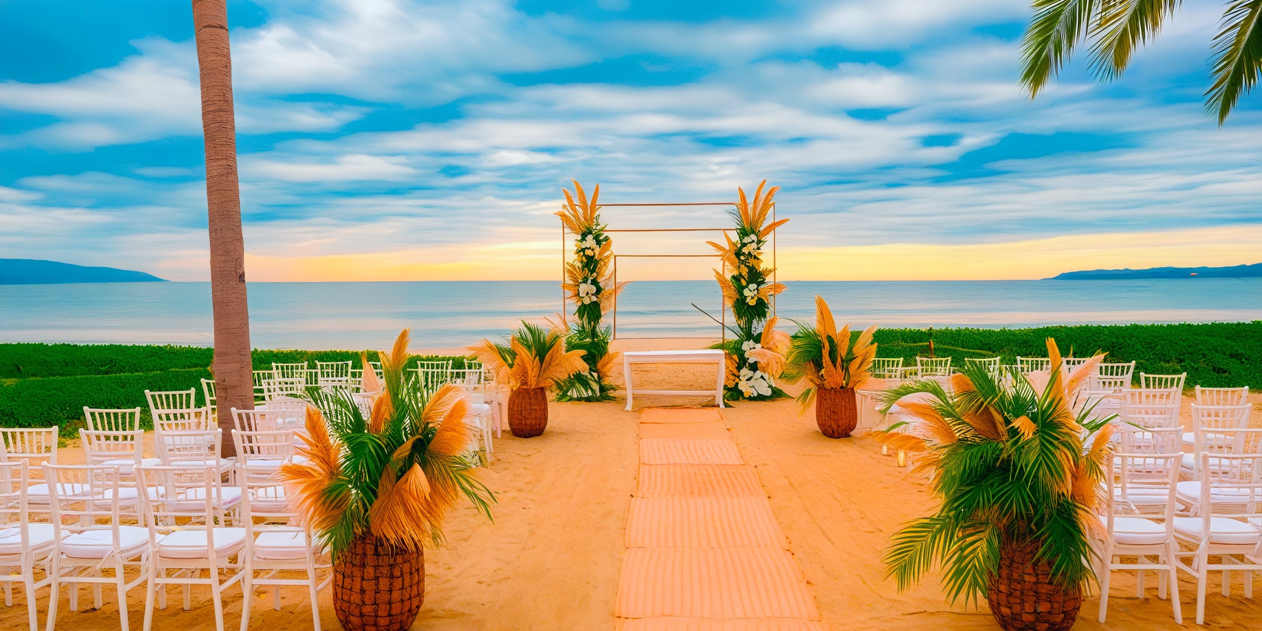 Create your dream waterfront wedding at Marival Distinct with elegant white chairs, exquisite floral decorations, and a sandy aisle leading to an arbor, all set against the stunning backdrop of the ocean and a vibrant sunset sky.