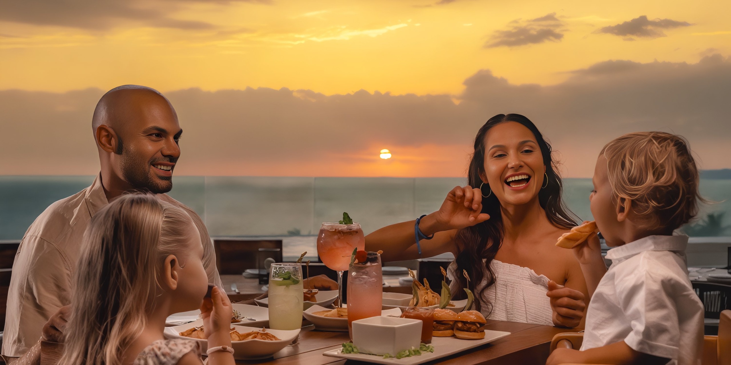 A family of four enjoys a meal at Marival Distinct, a coastal restaurant during sunset, with drinks and plates of food on the table.