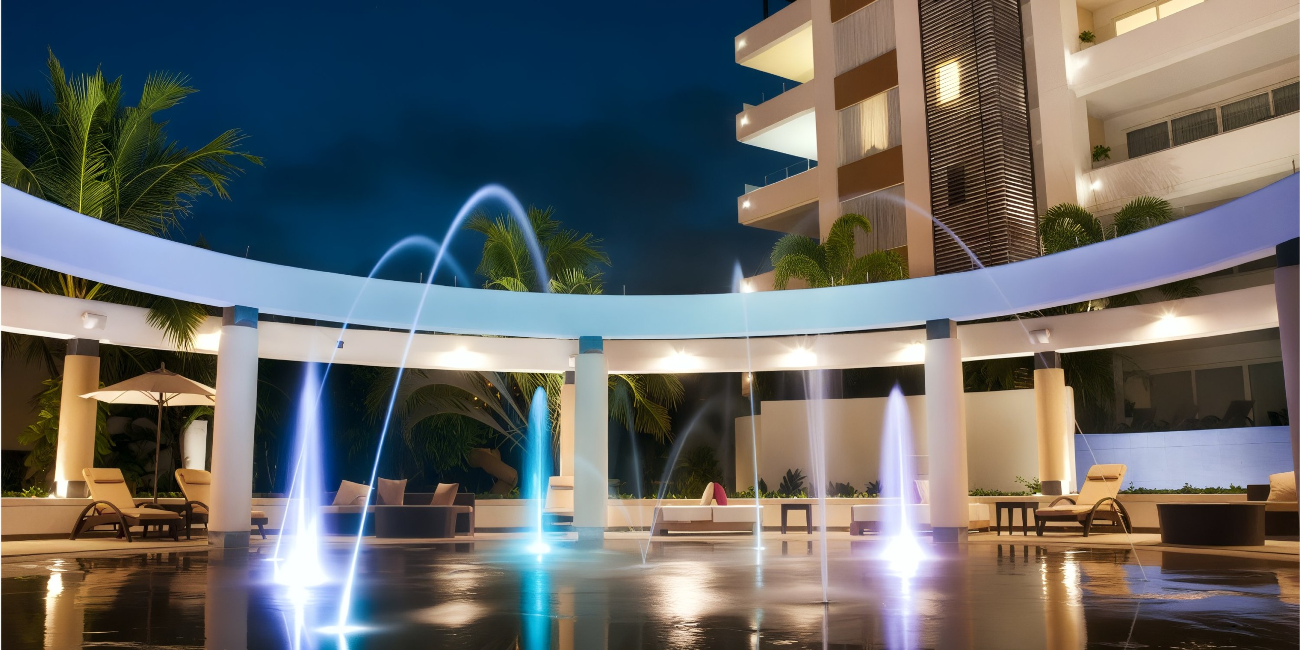The Marival Distinct's pool area at night features illuminated fountains, lounge chairs, and palm trees, with the building and umbrellas in the background.