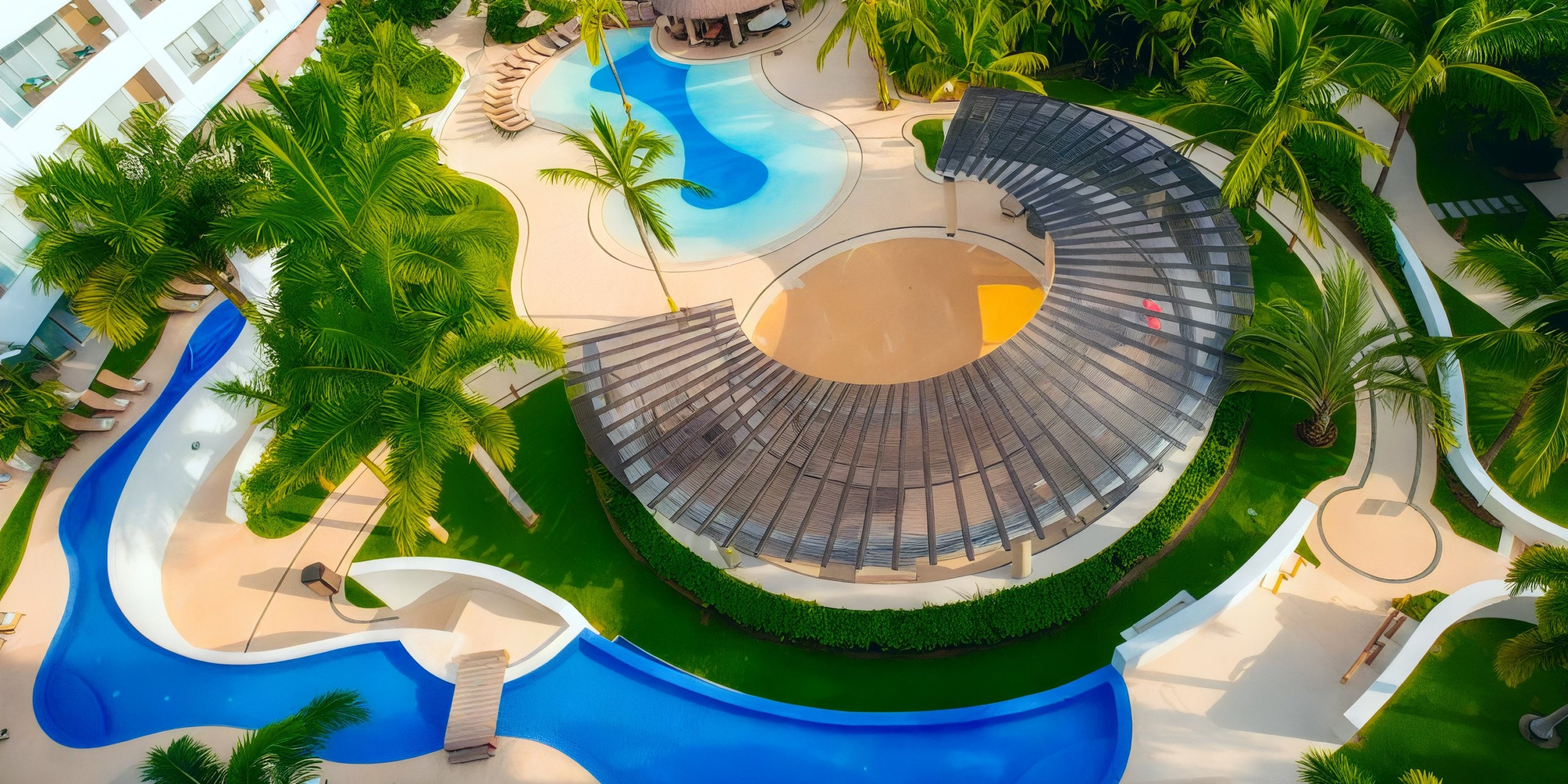 Aerial view of Marival Distinct, a tropical resort with curving pools, palm trees, and a shaded lounge area.