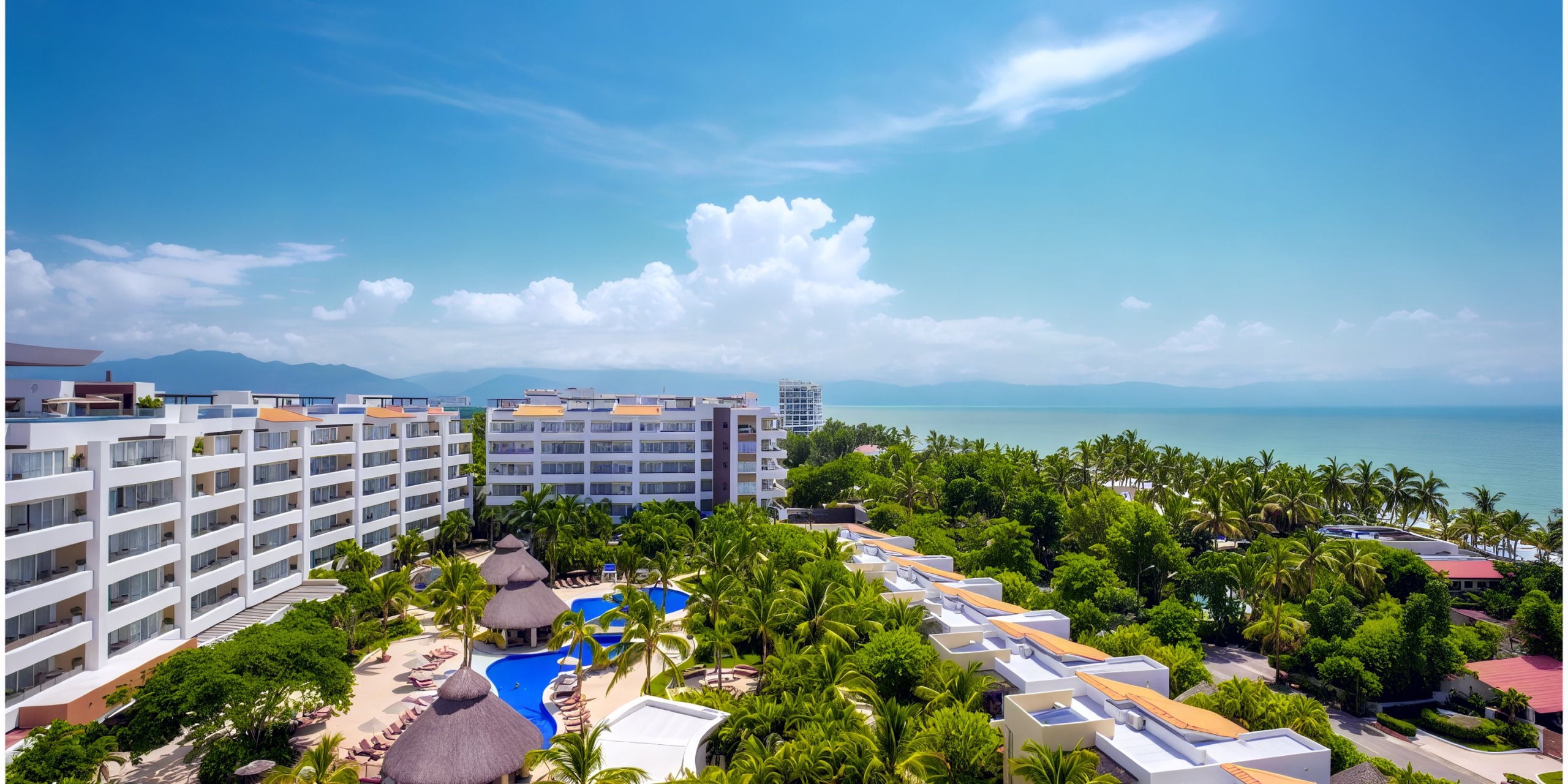 Aerial view of Marival Distinct resort featuring white buildings, palm trees, a swimming pool, and the ocean in the background under a blue sky with clouds.