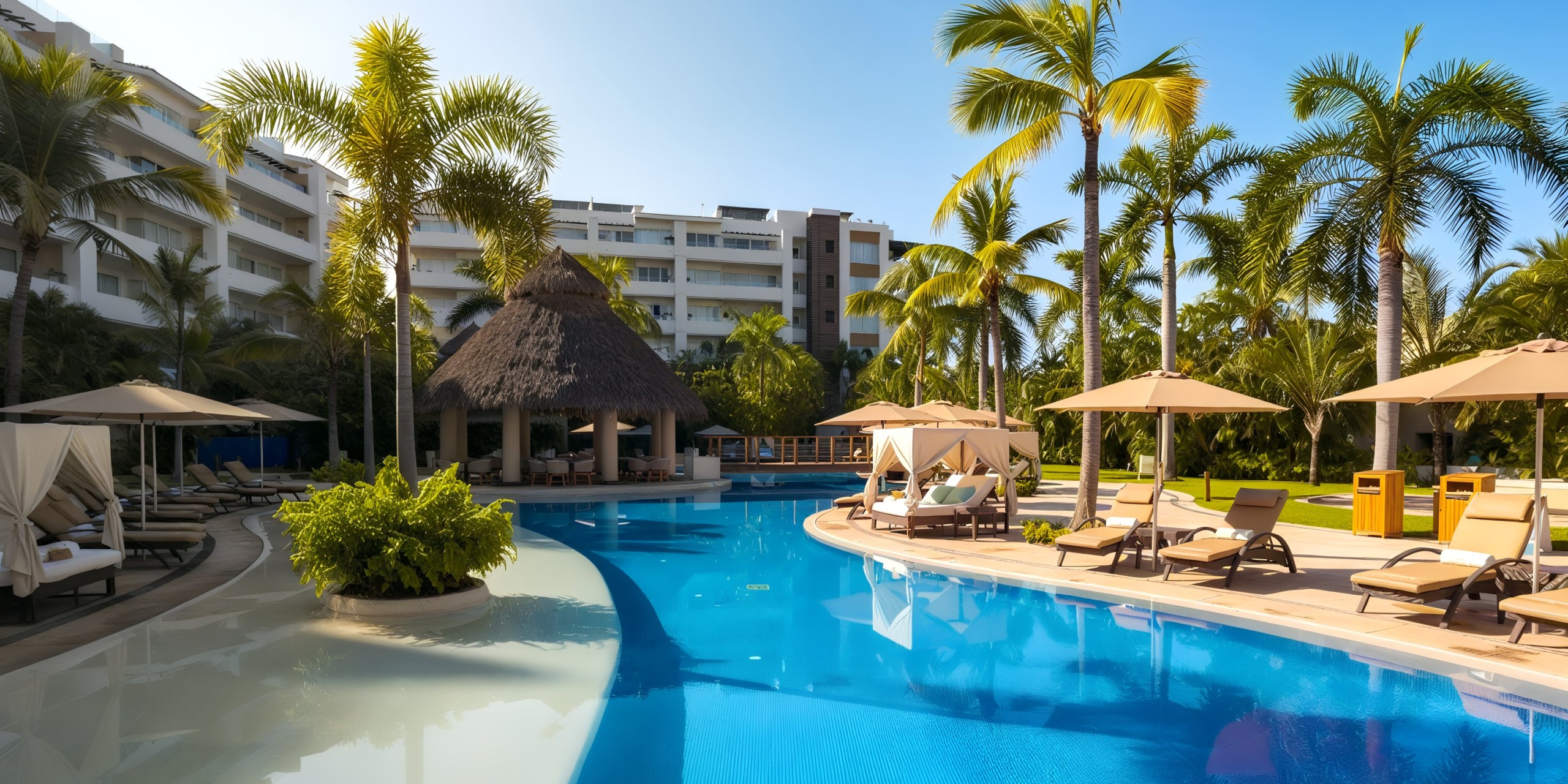The Marival Distinct pool area features lounge chairs, umbrellas, and palm trees. A thatched-roof structure is elegantly situated by the poolside, all encompassed by a modern hotel building under a clear blue sky.