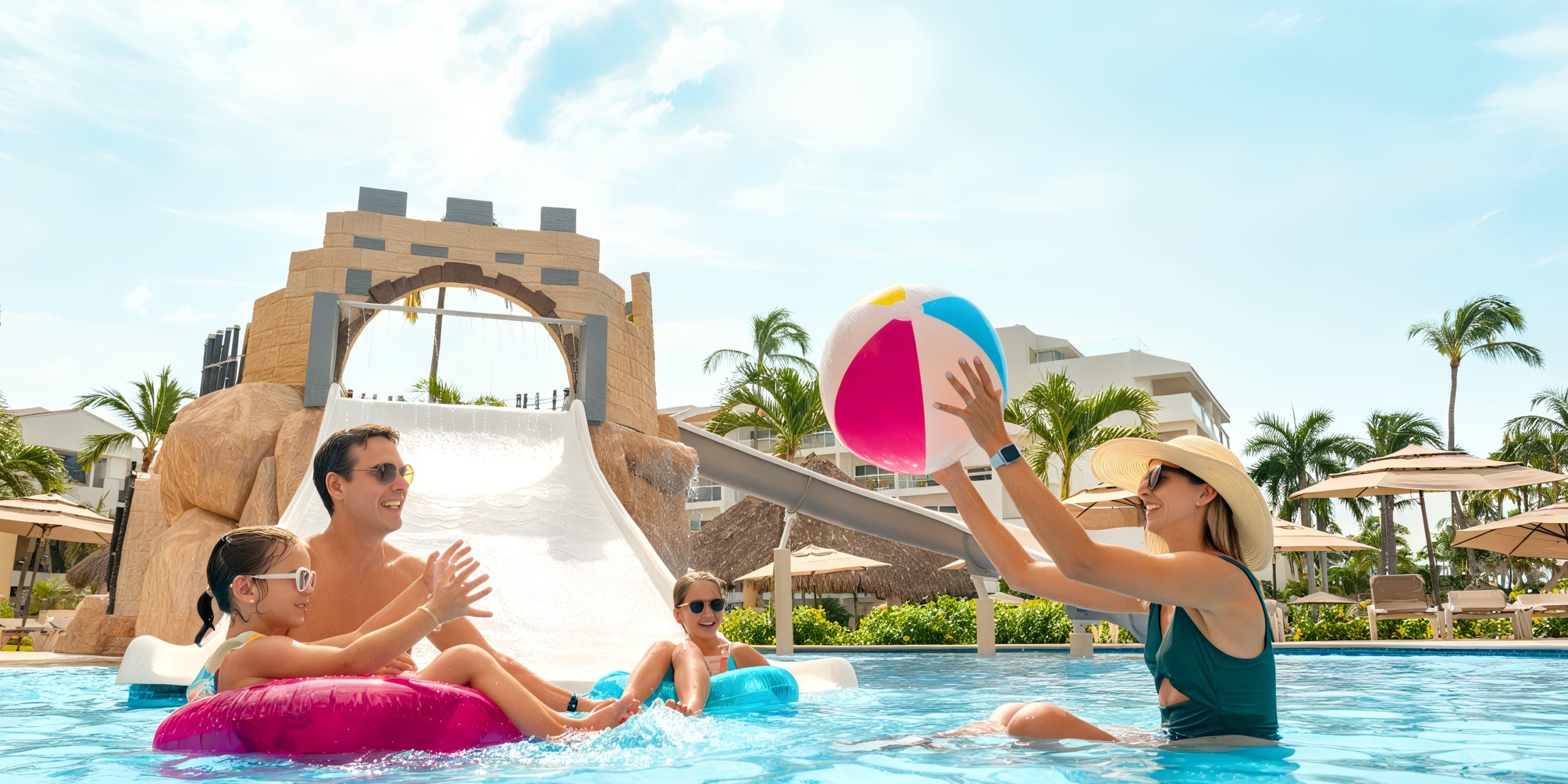 A group of people enjoys a sunny day at the Marival Emotions pool. One person relaxes on a float, another holds a beach ball. A waterslide and palm trees can be seen in the background.