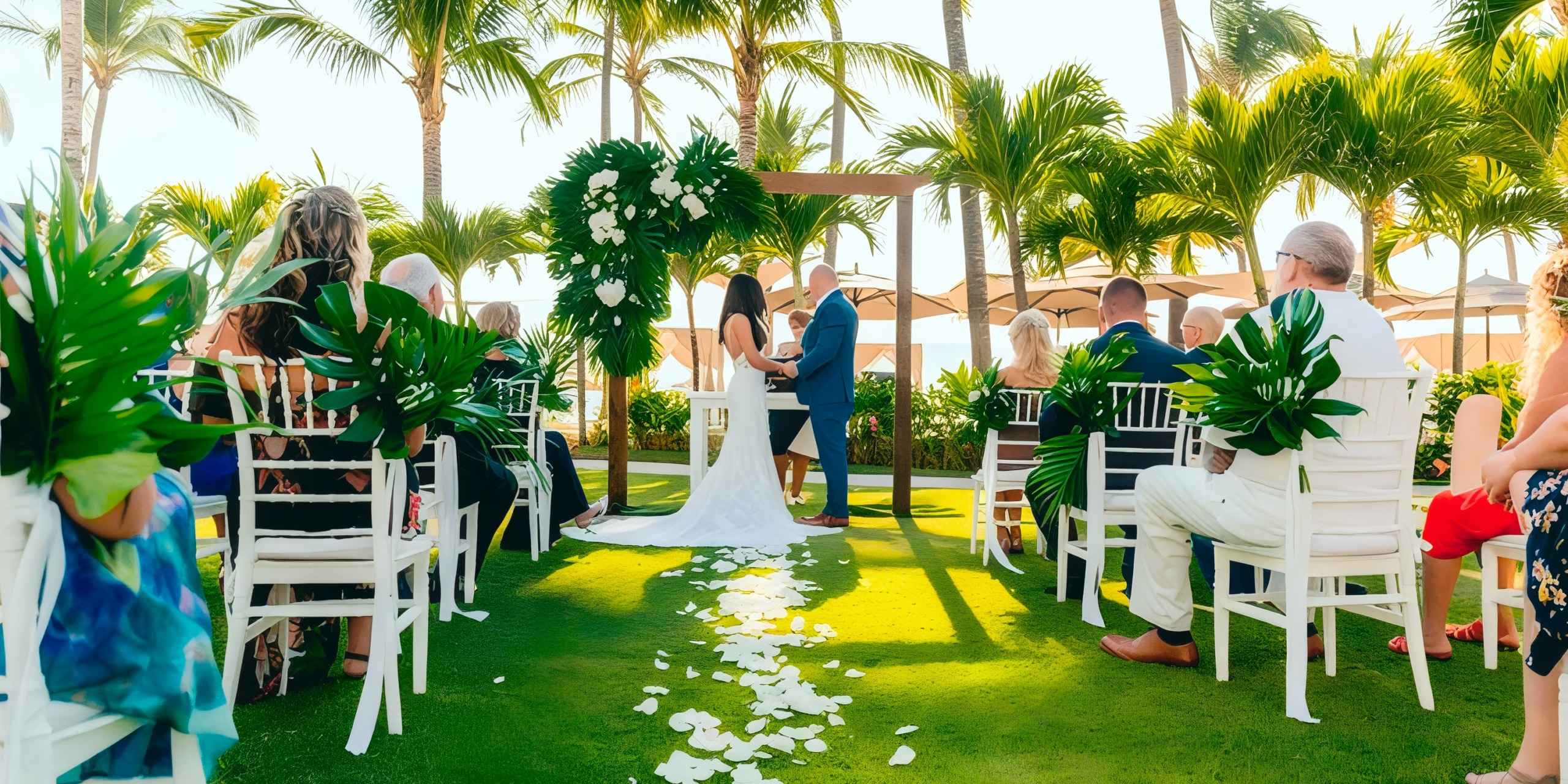 At the Marival Emotions venue, an outdoor wedding ceremony takes place on a lush lawn featuring a rustic wooden arch adorned with elegant floral decorations. The bride and groom are at the altar, encircled by guests comfortably seated on pristine white chairs, with scenic palm trees gracefully lining the background.