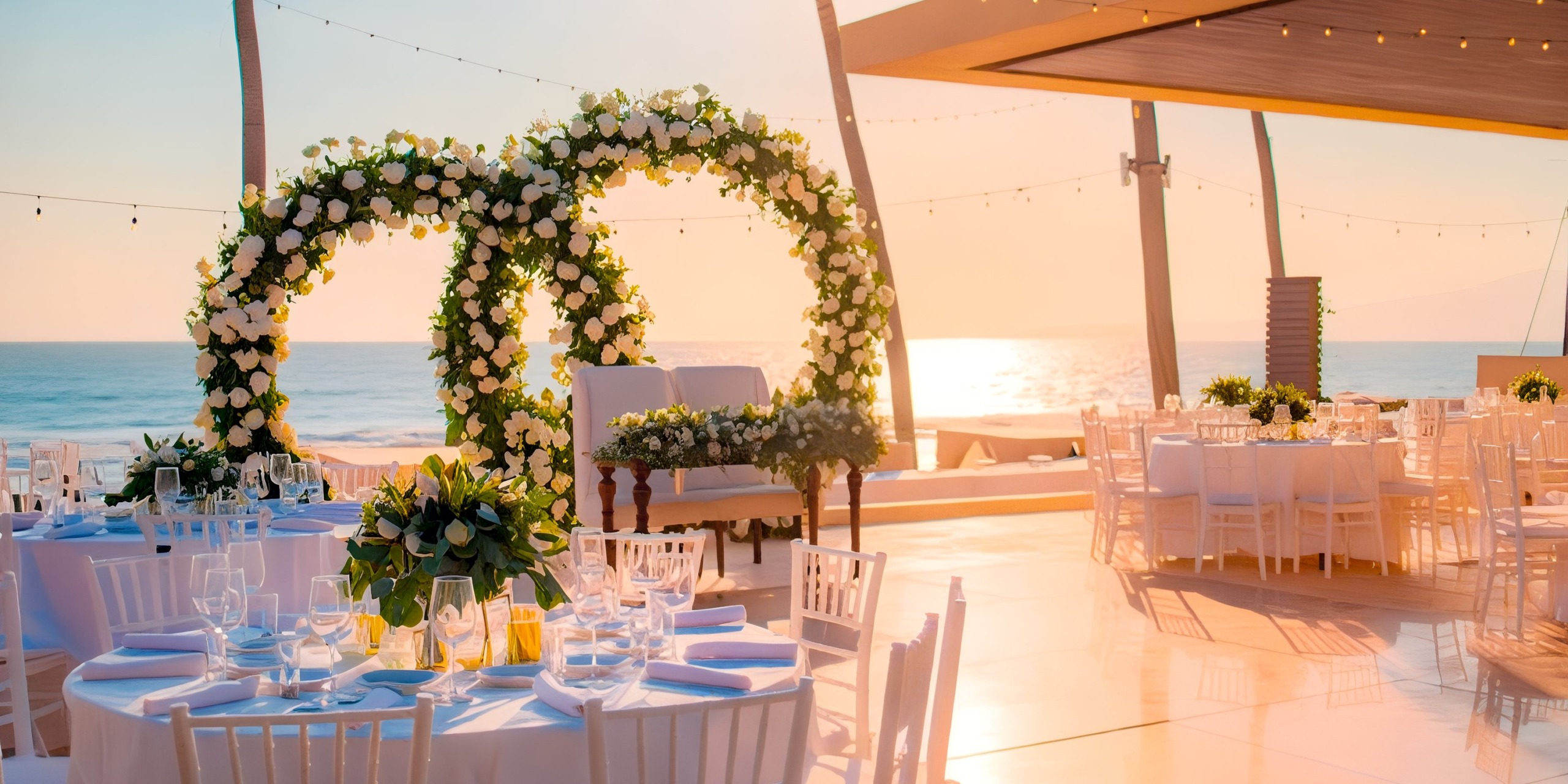 Set up an outdoor wedding at Marival Emotions featuring two floral arches, white table settings, and an ocean view at sunset.