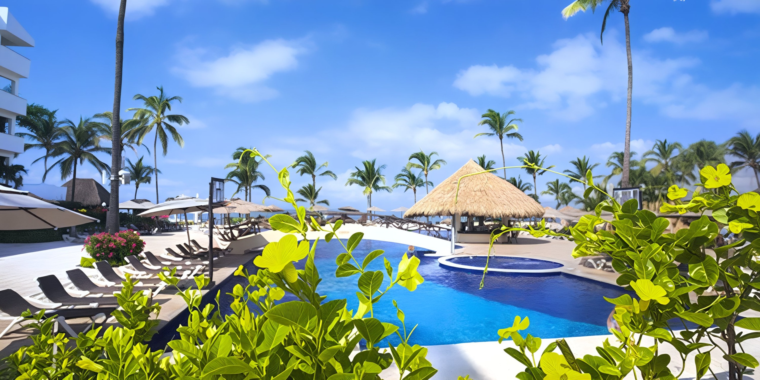 Experience the Marival Emotions outdoor pool area featuring lounge chairs, umbrellas, and a charming thatched-roof structure. Enjoy the stunning backdrop of palm trees and a clear blue sky, complemented by lush green foliage in the foreground.