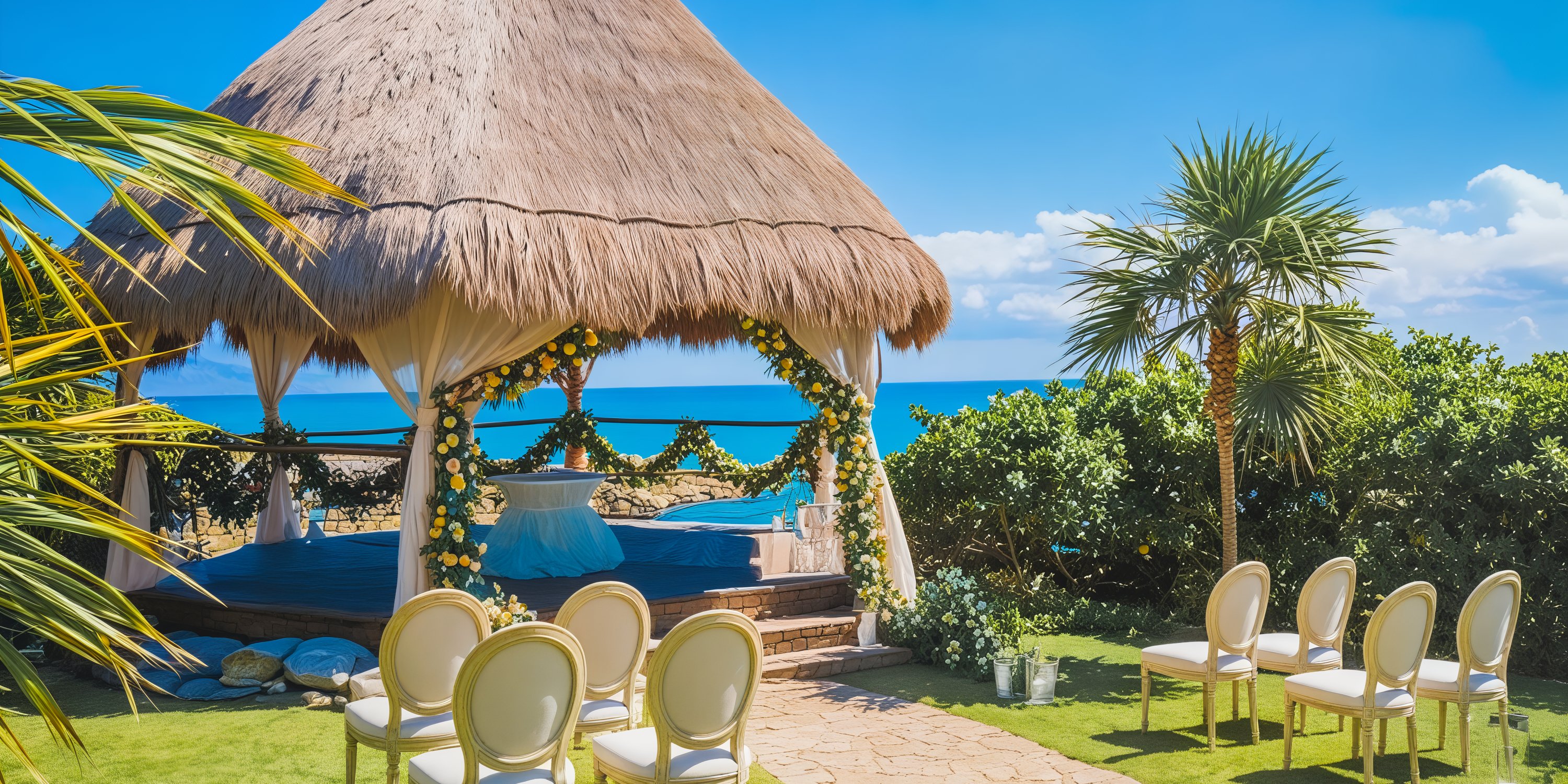 Occidental at Xcaret offers a stunning destination wedding experience with a thatched gazebo, beautiful floral decor, and chairs perfectly arranged to face the sea.