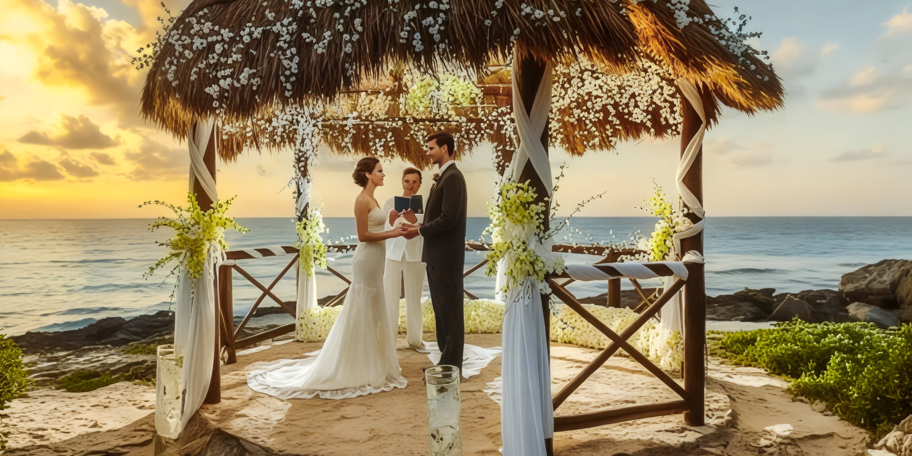 A couple is exchanging their wedding vows under a hut at sunset, celebrating their destination wedding at Occidental at Xcaret.