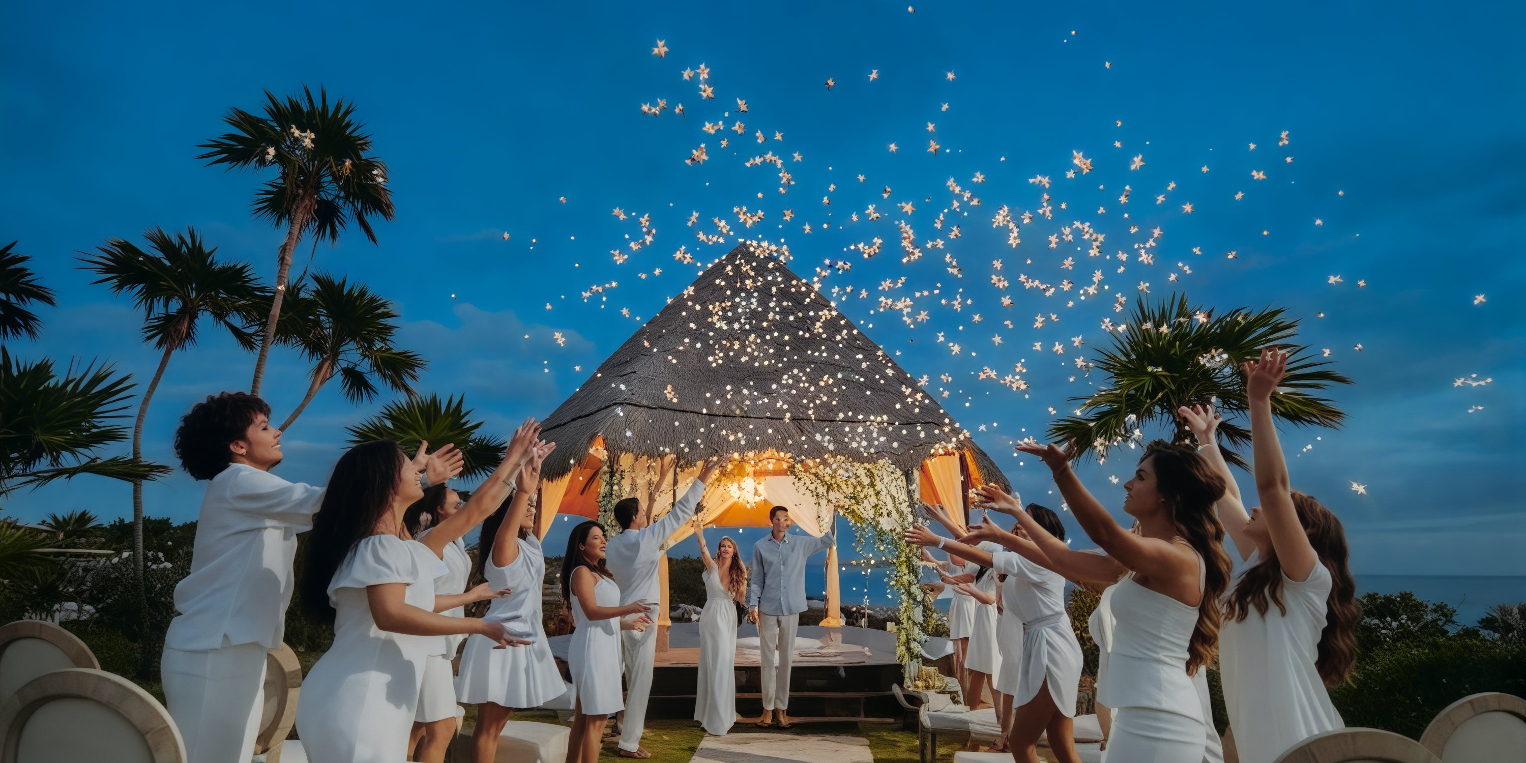 Occidental at Xcaret guests, dressed in white, celebrate a destination wedding under a twilight canopy, illuminated by the glow of sparklers.